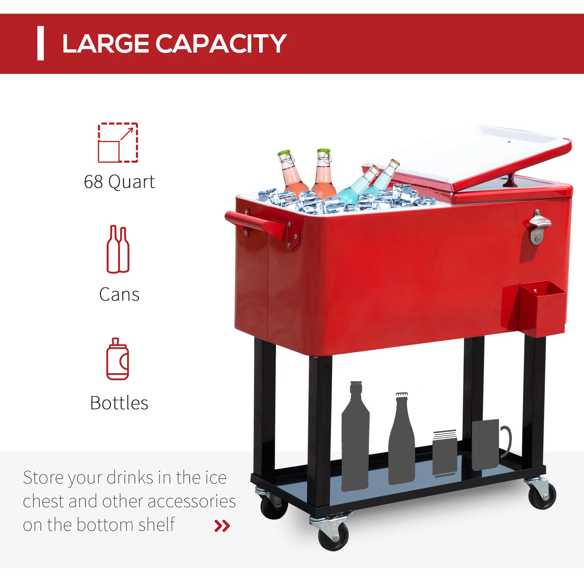 80 Quart Rolling Cooler Cart, Portable Ice Bin, Outdoor Party, Red - Image 4