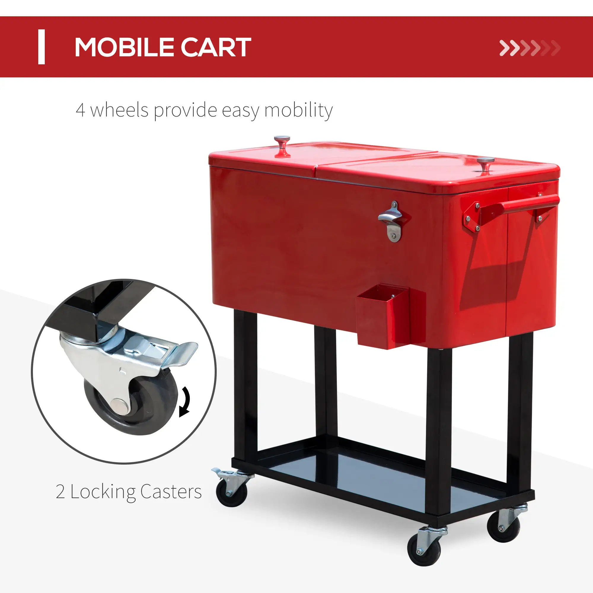 80 Quart Rolling Cooler Cart, Portable Ice Bin, Outdoor Party, Red - Image 5