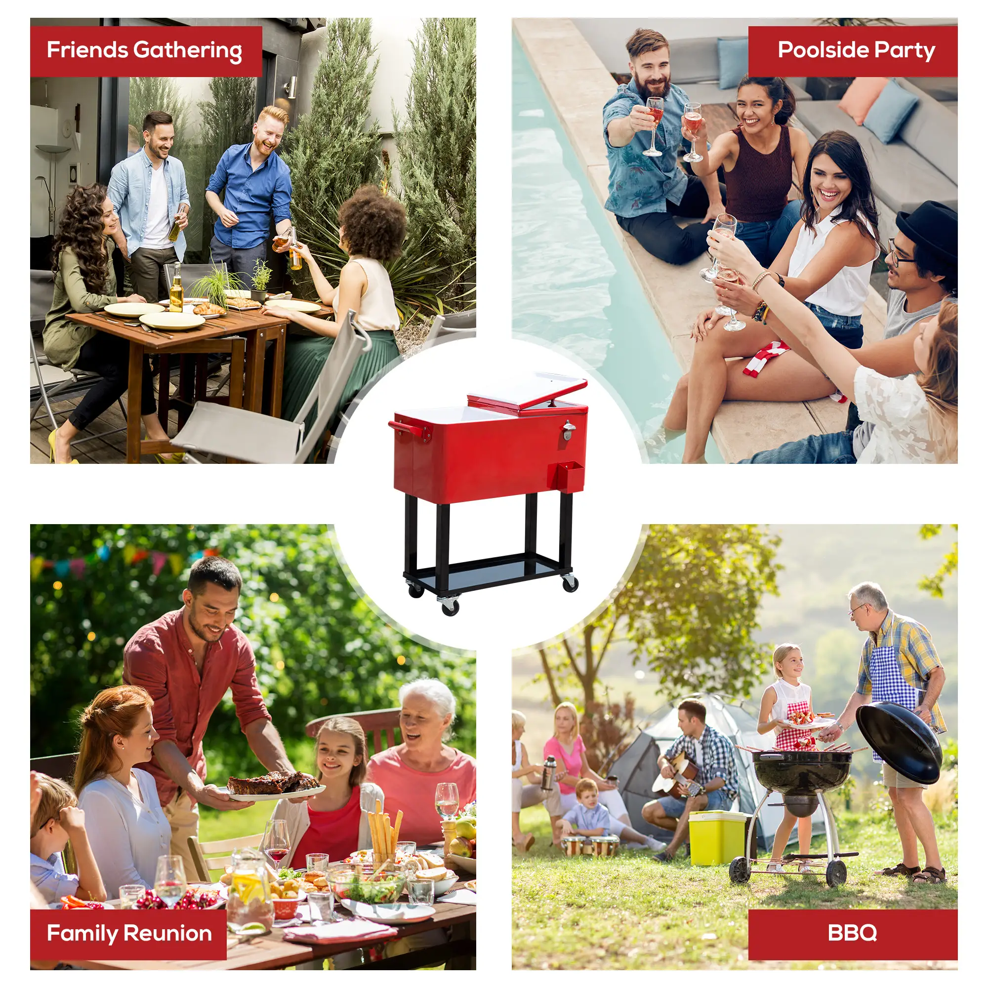 80 Quart Rolling Cooler Cart, Portable Ice Bin, Outdoor Party, Red - Image 7