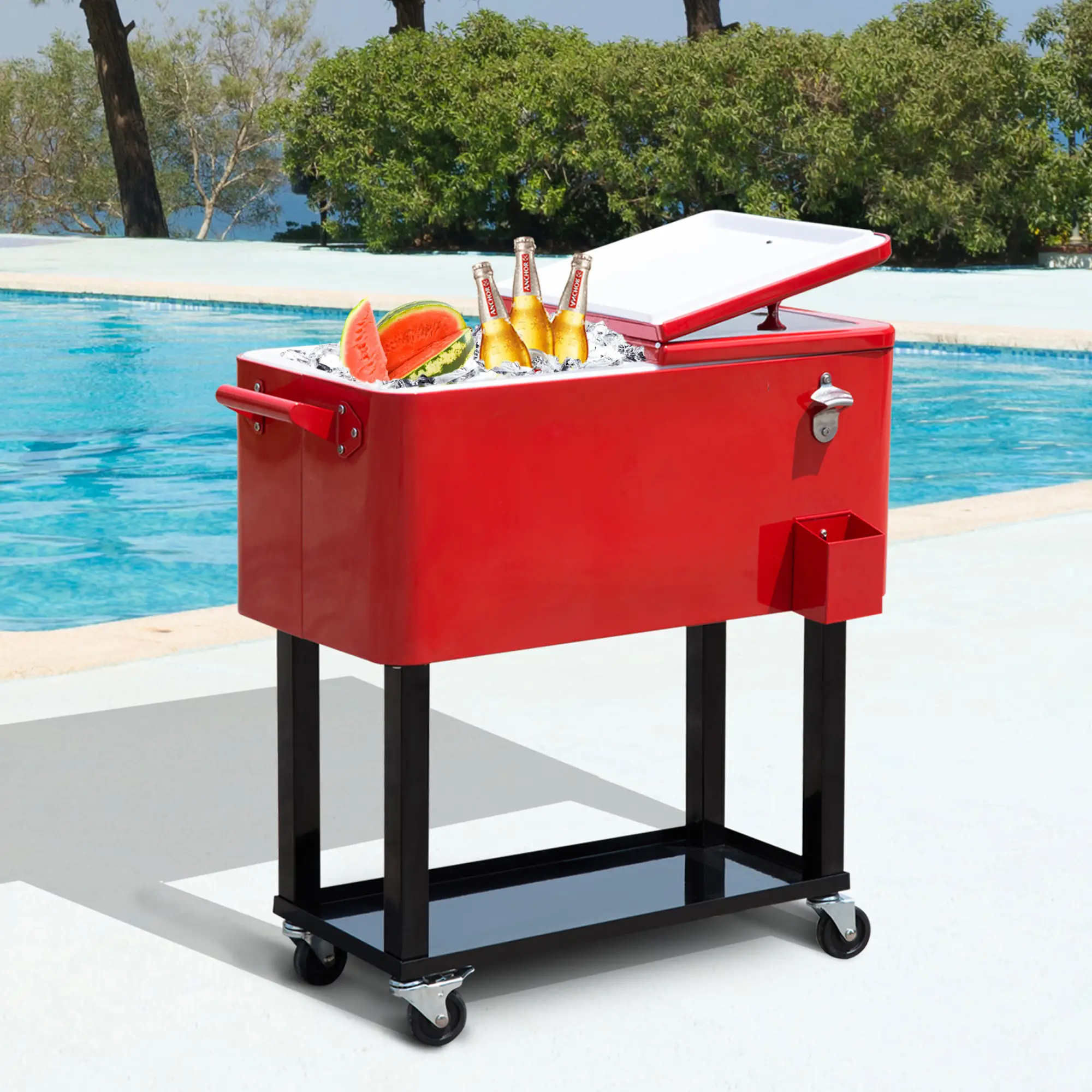 80 Quart Rolling Cooler Cart, Portable Ice Bin, Outdoor Party, Red - Image 8