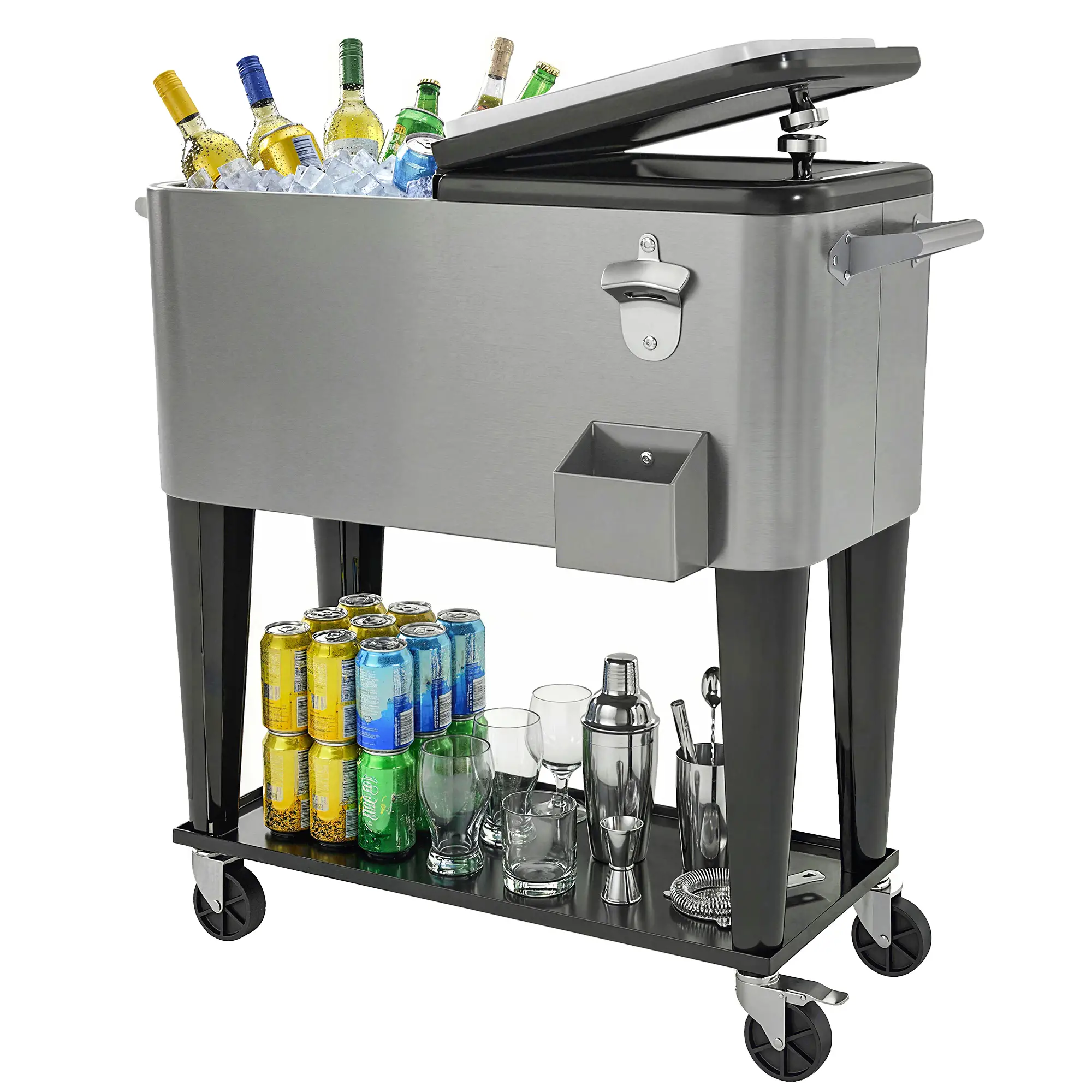 80 Quart Rolling Patio Cooler Cart With Storage Shelf, Locking Wheels, Bottle Opener