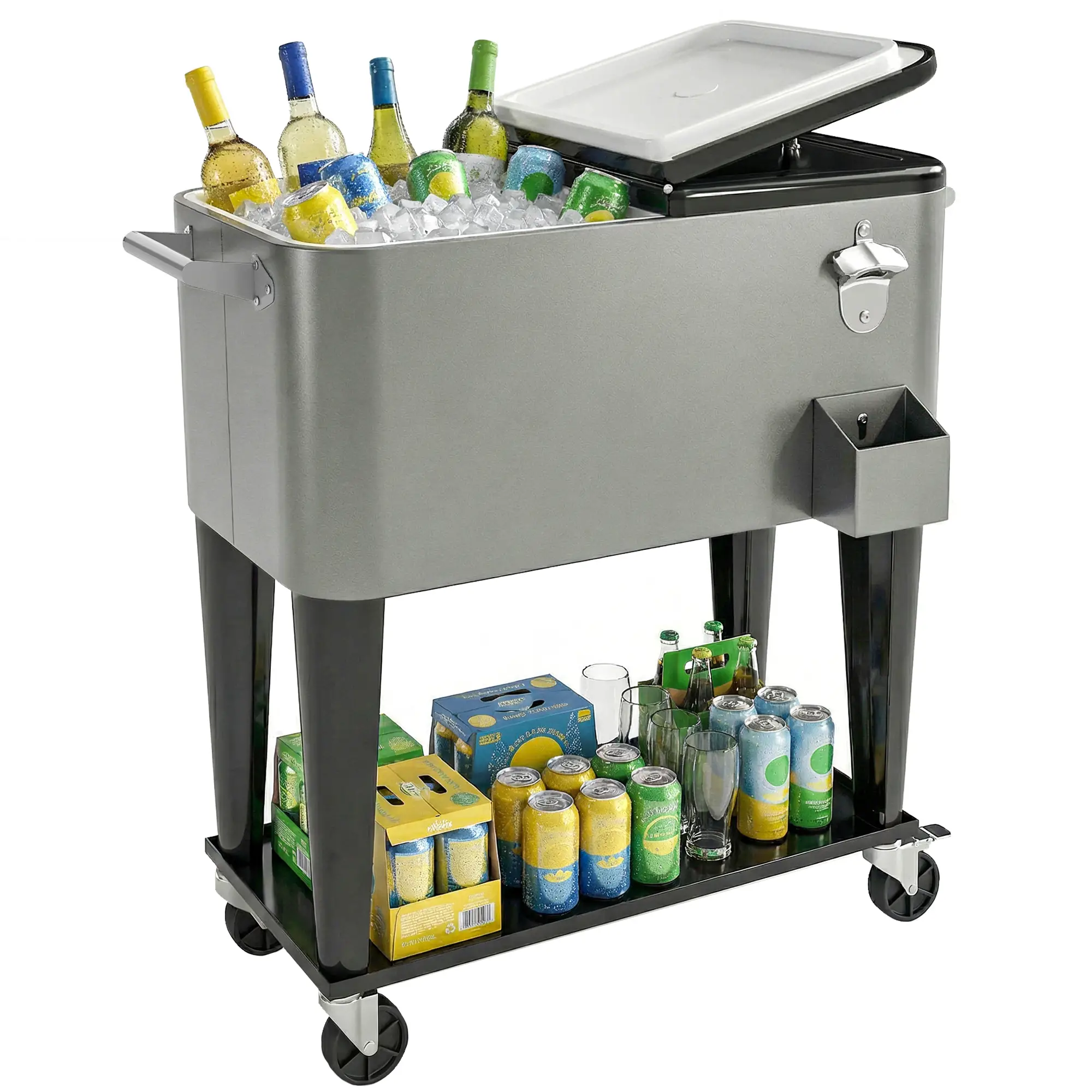 80 Quart Rolling Patio Cooler Cart With Storage Shelf, Locking Wheels, Bottle Opener - Image 11