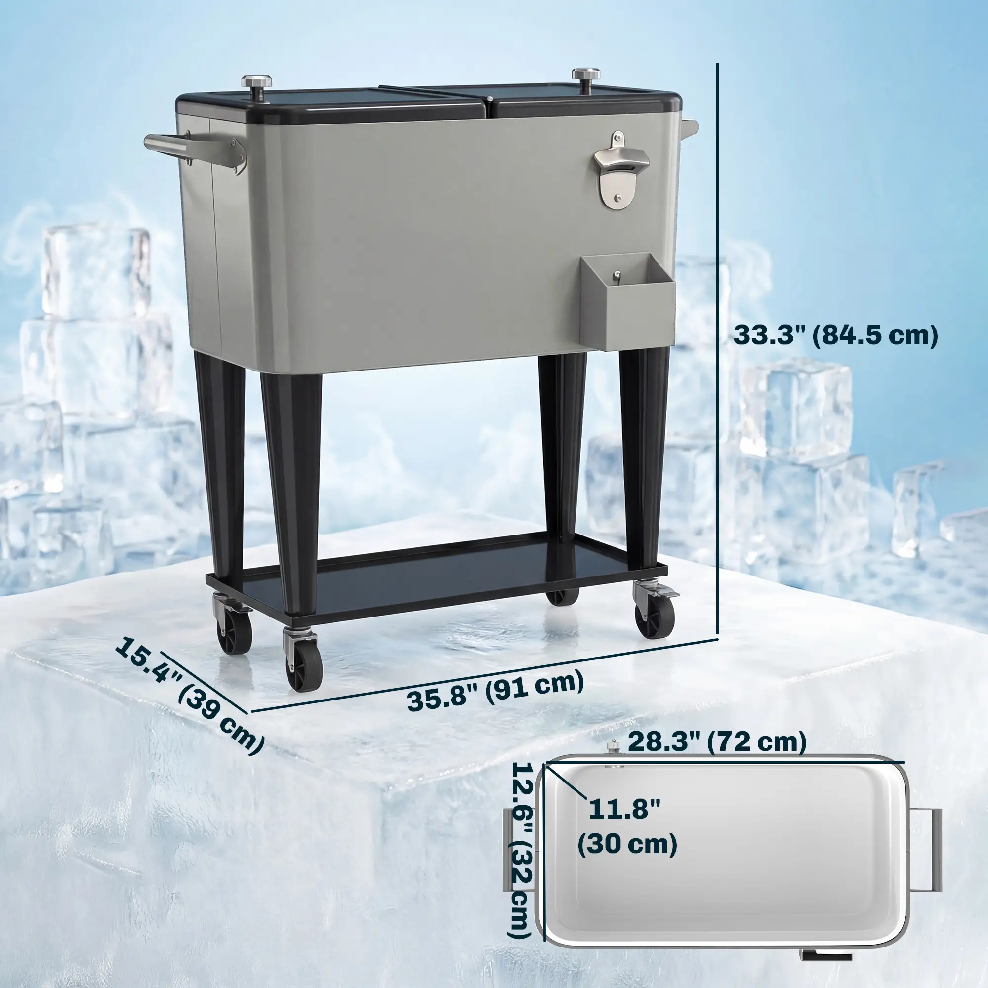 80 Quart Rolling Patio Cooler Cart With Storage Shelf, Locking Wheels, Bottle Opener - Image 3