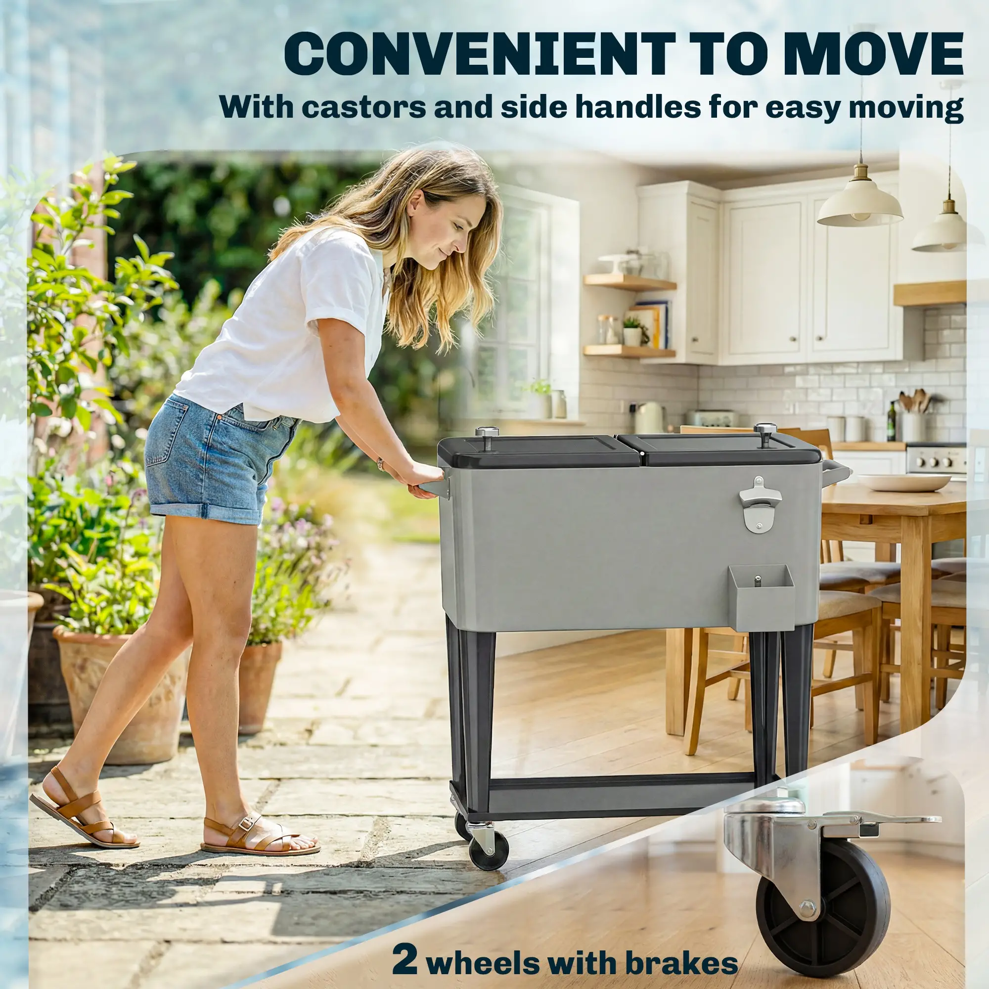 80 Quart Rolling Patio Cooler Cart With Storage Shelf, Locking Wheels, Bottle Opener - Image 7