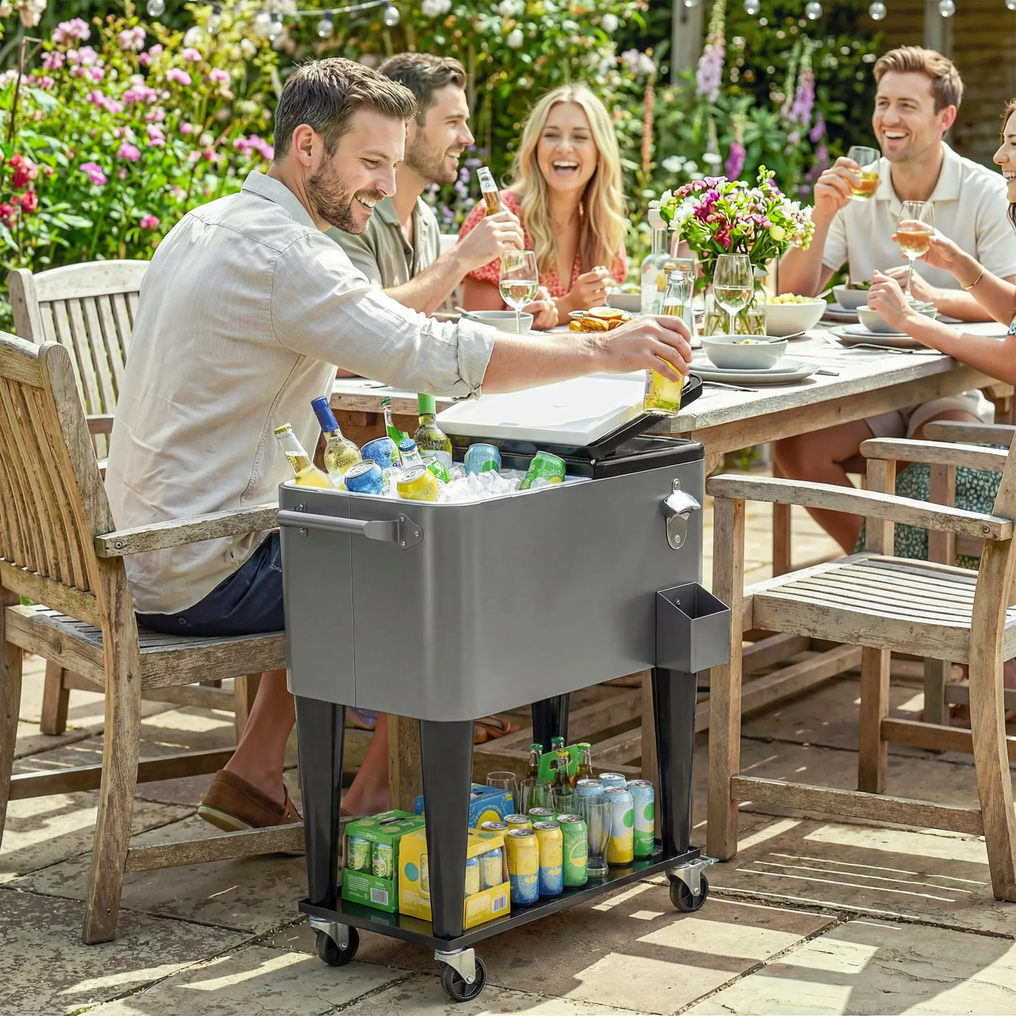 80 Quart Rolling Patio Cooler Cart With Storage Shelf, Locking Wheels, Bottle Opener - Image 8