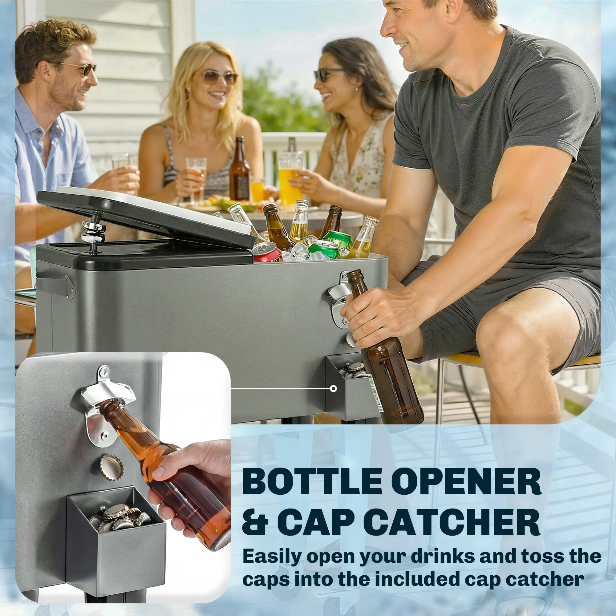 80 Quart Rolling Patio Cooler Cart With Storage Shelf, Locking Wheels, Bottle Opener - Image 9