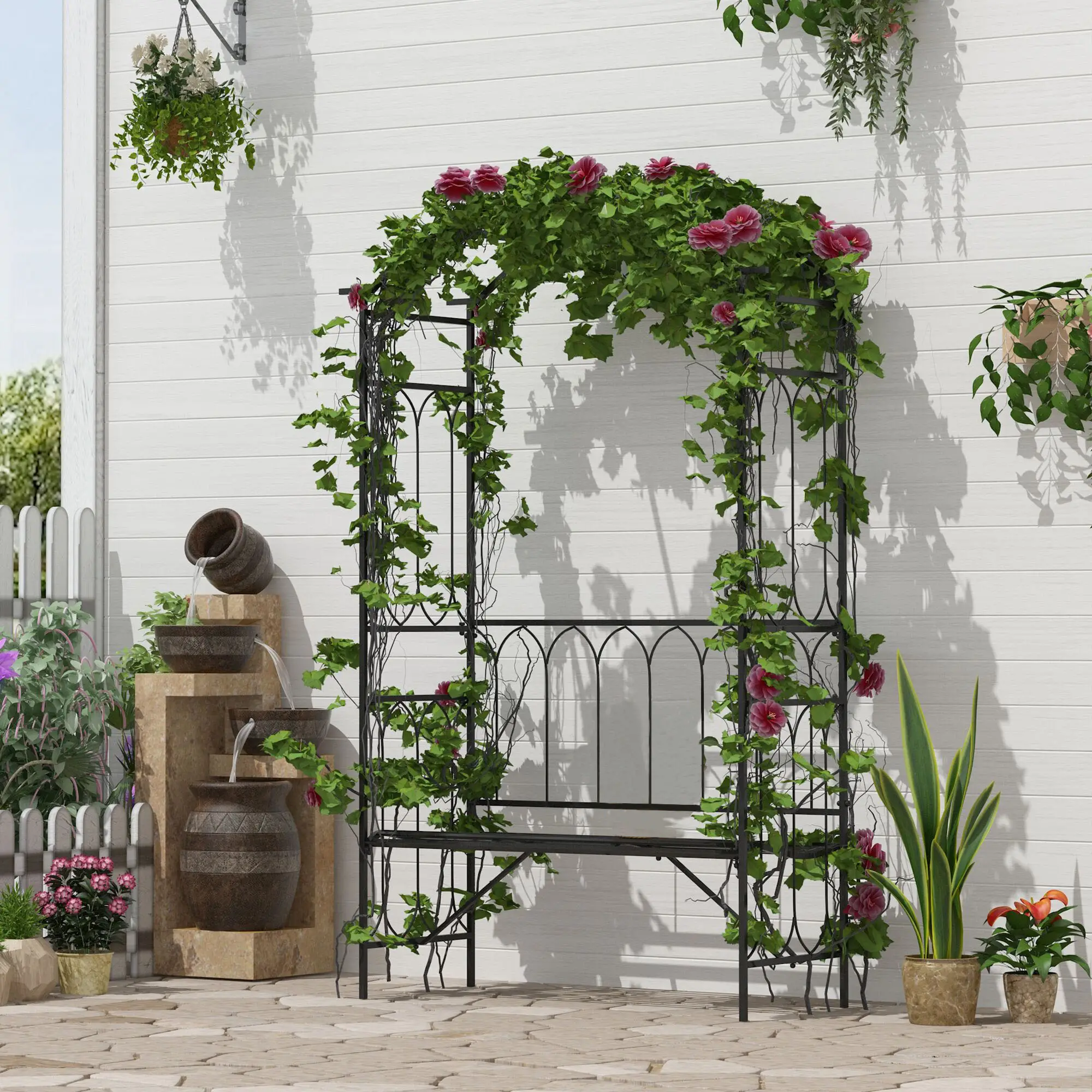 80" Tall Fairy Garden Arbor Arch, Metal Outdoor Bench Trellis, Black - Image 2