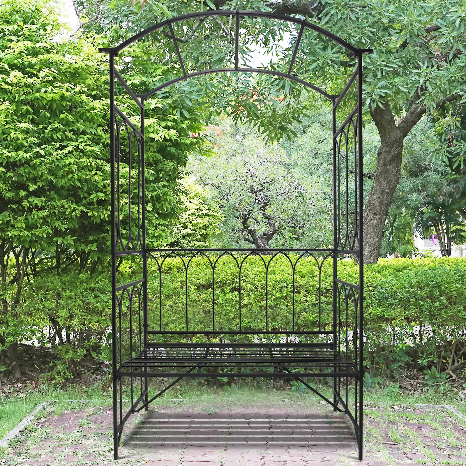 80" Tall Fairy Garden Arbor Arch, Metal Outdoor Bench Trellis, Black - Image 8