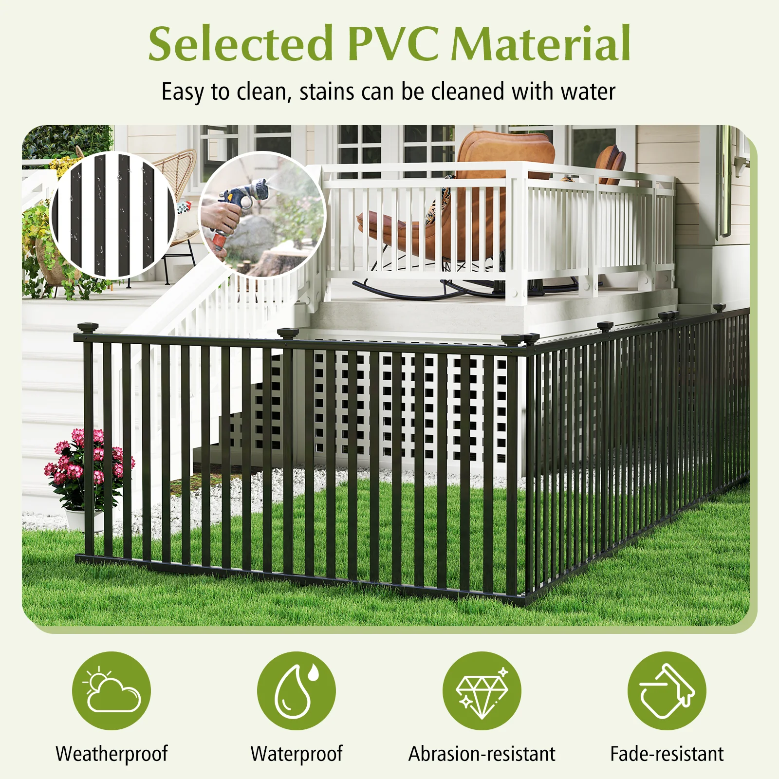 80 x 51 Inch Vinyl Picket Fence, 2 Piece Garden, Black - Image 7