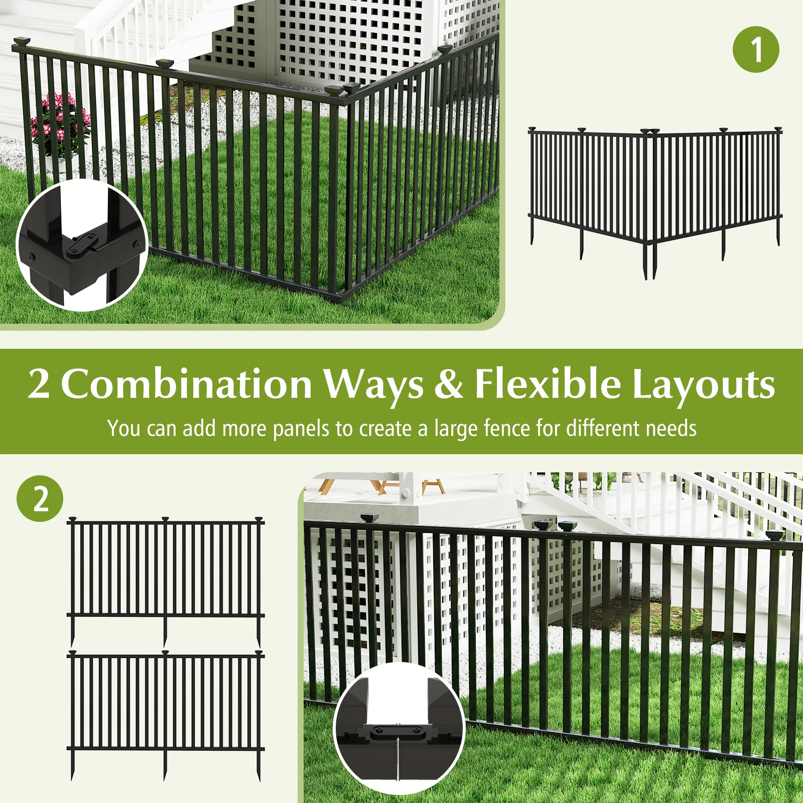 80 x 51 Inch Vinyl Picket Fence, 2 Piece Garden, Black - Image 9
