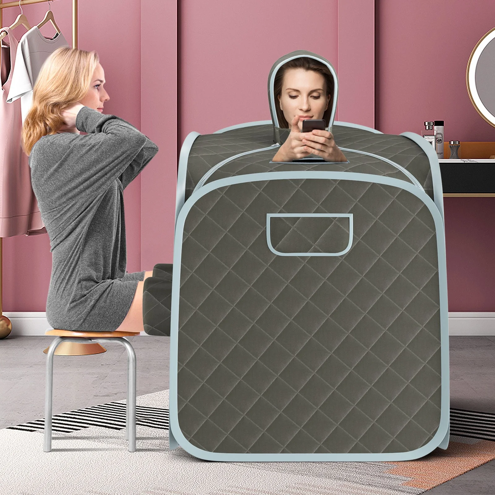 800W Portable Steam Sauna Tent, 2 Person, 3L Steamer, Gray - Image 2