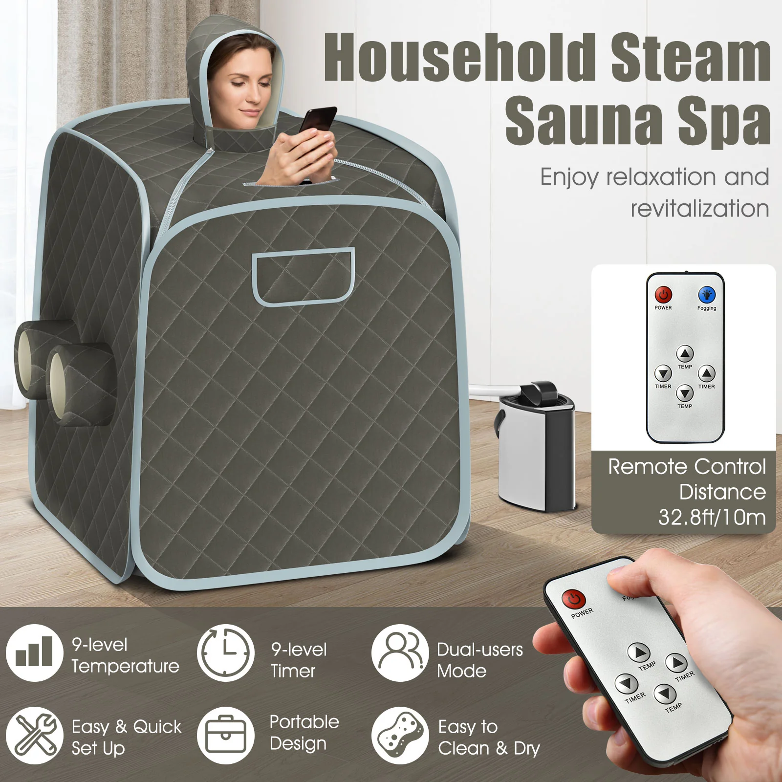 800W Portable Steam Sauna Tent, 2 Person, 3L Steamer, Gray - Image 7