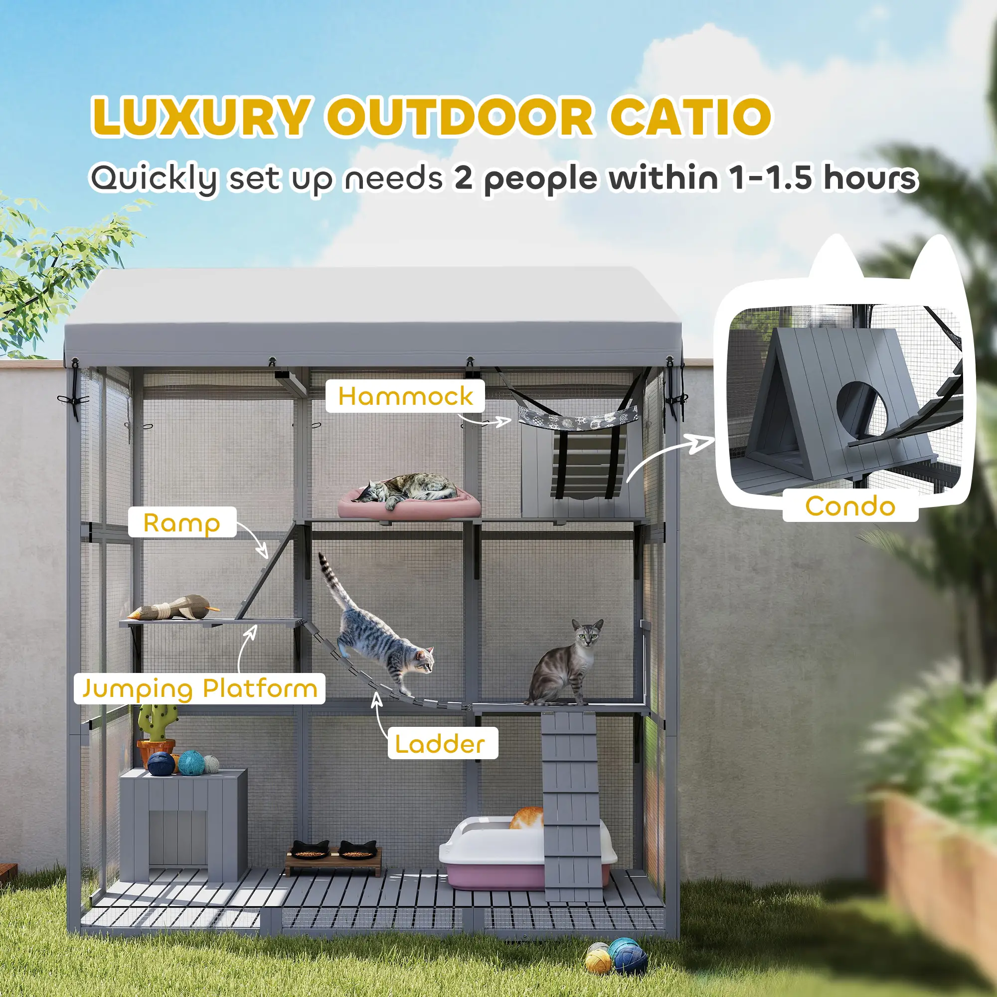 81"H Catio Outdoor Enclosure, Floor Included, Fits 2-4 Cats, Grey - Image 4