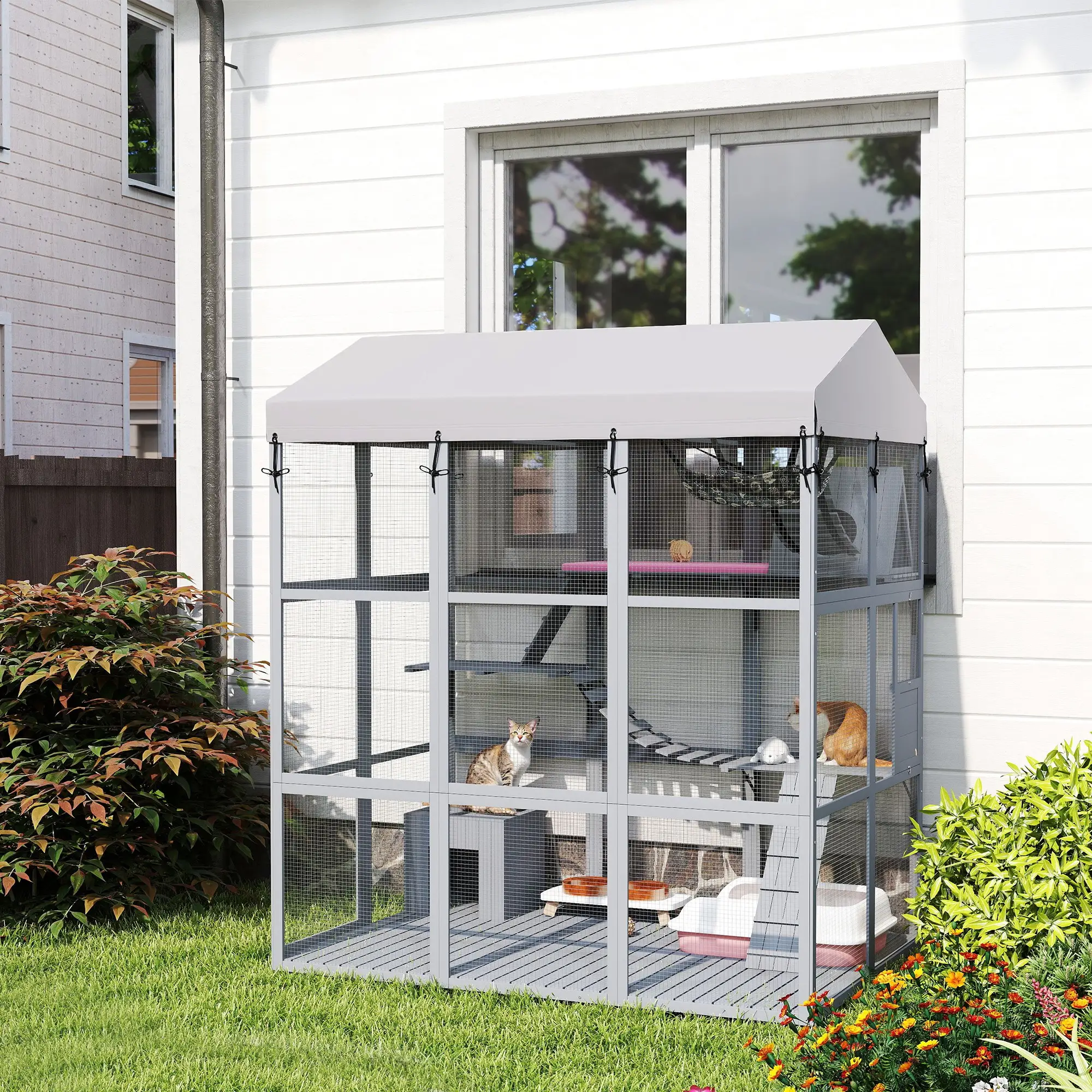 81"H Catio Outdoor Enclosure, Floor Included, Fits 2-4 Cats, Grey - Image 8