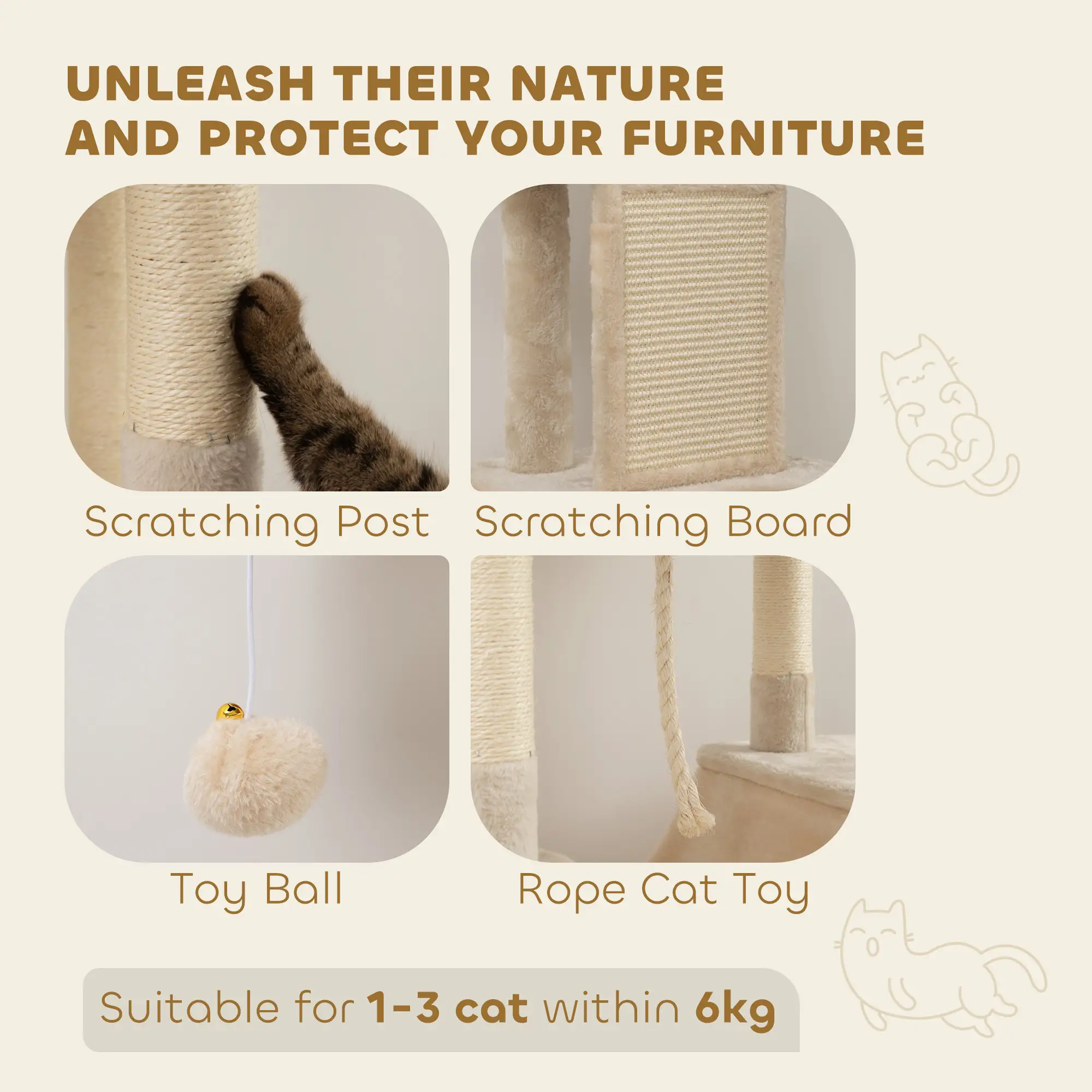 81" Large Cat Tree, Scratching Posts, Condos, Beds, Hammocks, Beige - Image 6