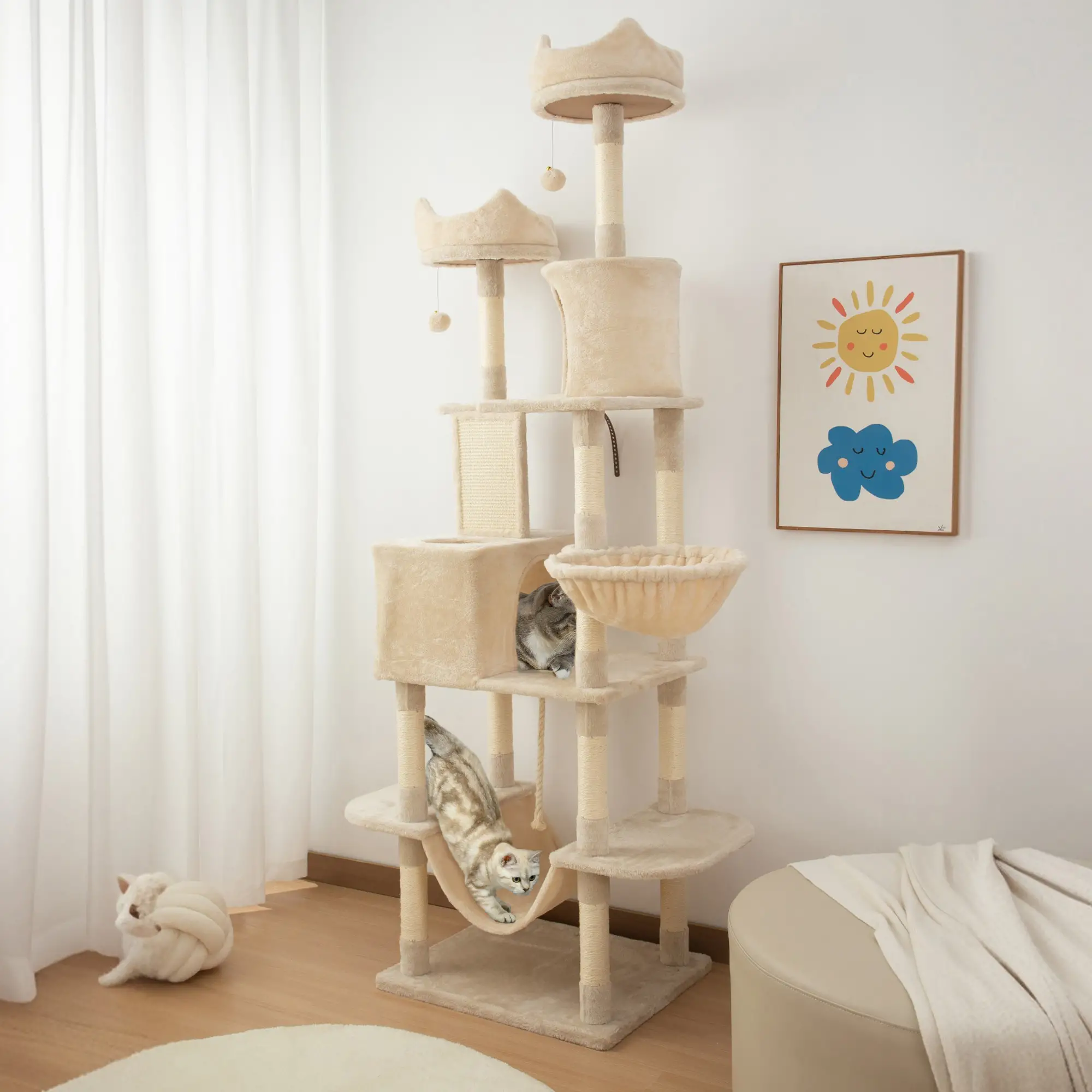 81" Large Cat Tree, Scratching Posts, Condos, Beds, Hammocks, Beige - Image 8