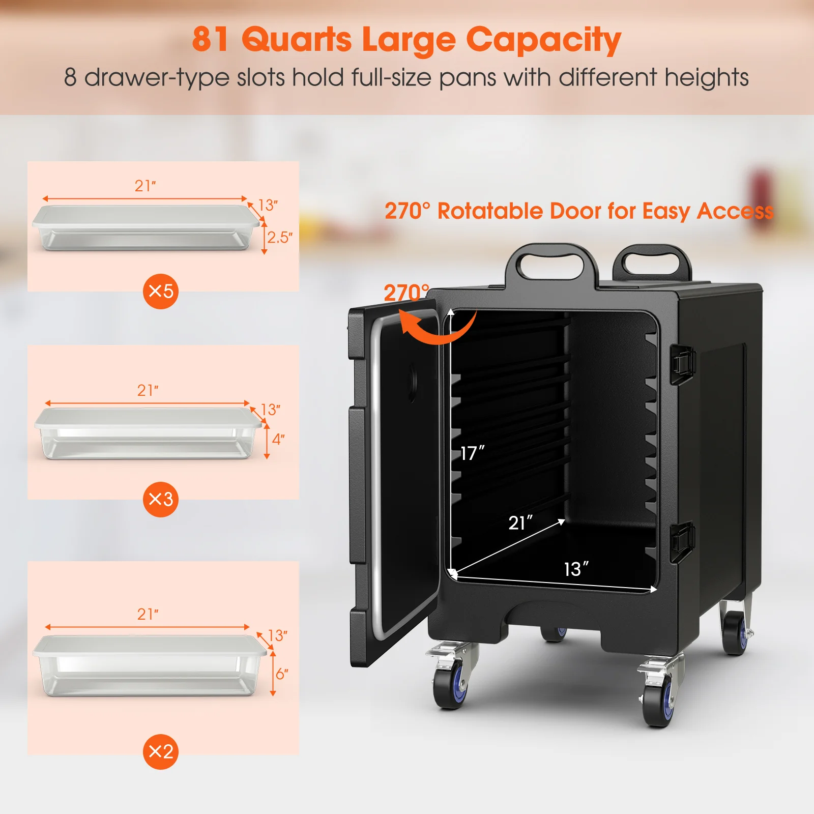 81 Quart Insulated Food Pan Carrier, End Loading With Wheels, Black - Image 10