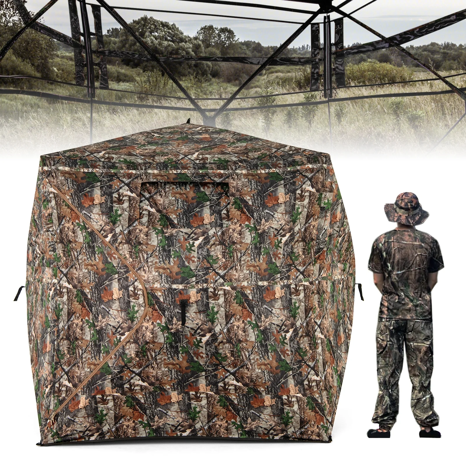 82 Inch Tall Hunting Blind, 270° See Through Ground Tent, Camouflage - Image 4
