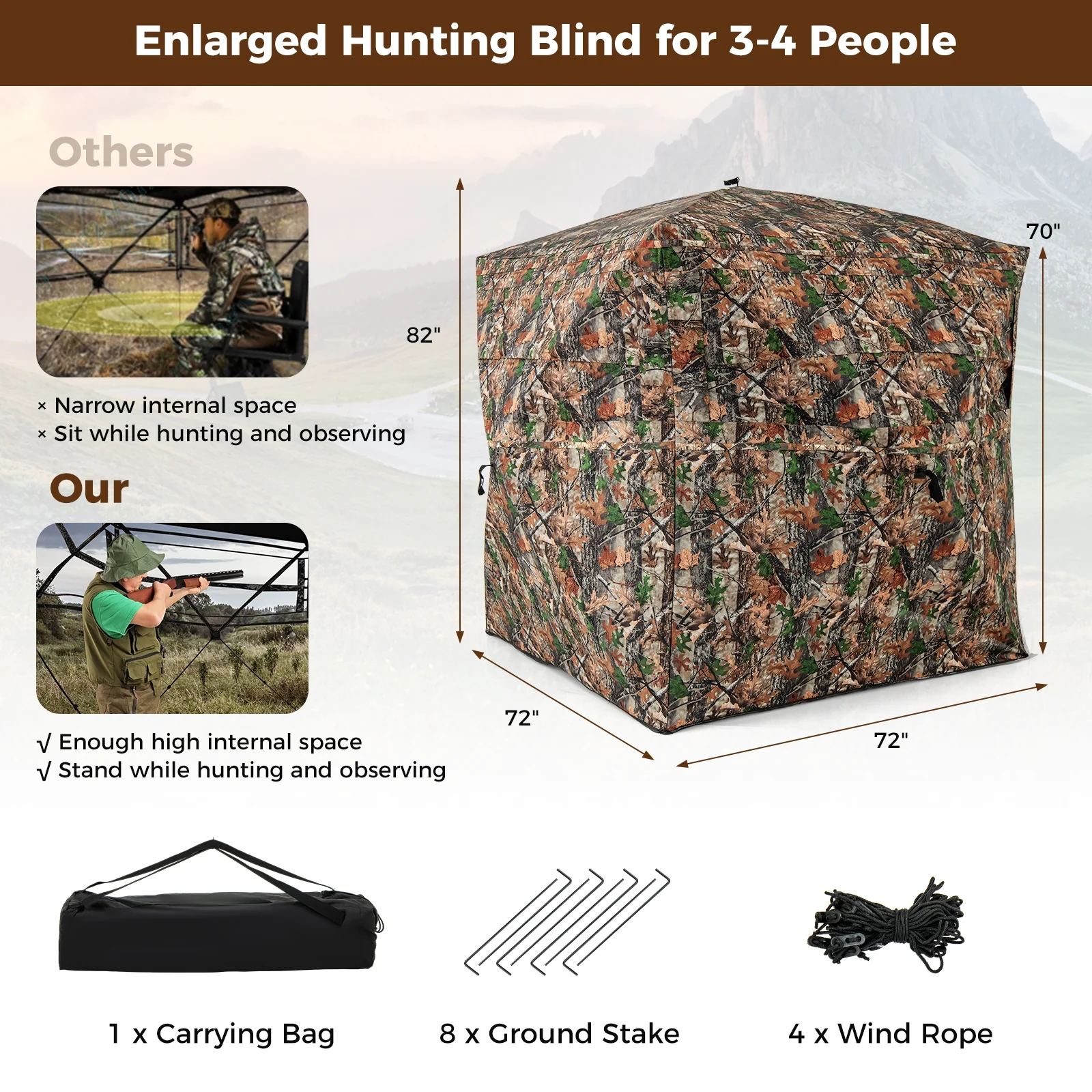 82 Inch Tall Hunting Blind, 270° See Through Ground Tent, Camouflage - Image 5