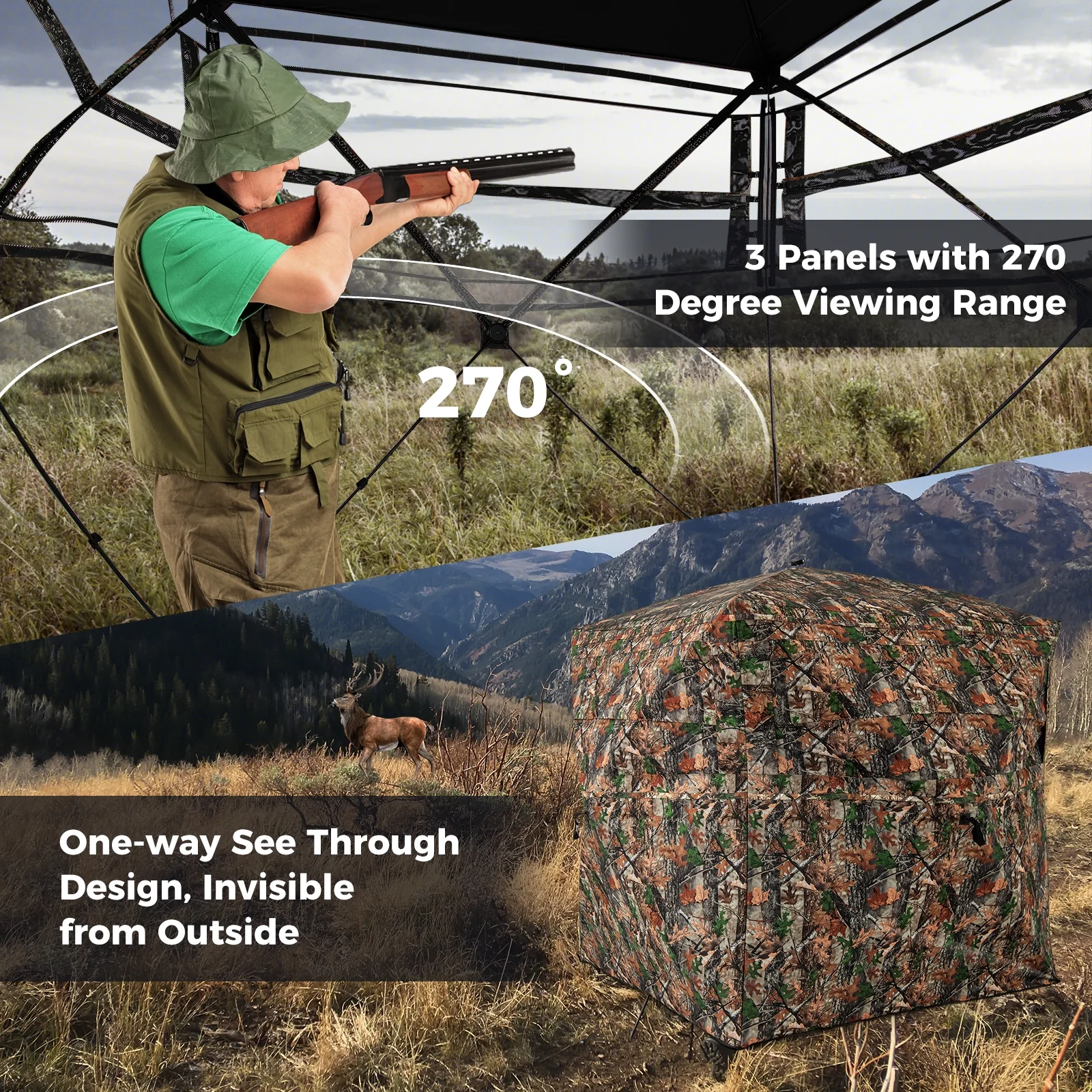 82 Inch Tall Hunting Blind, 270° See Through Ground Tent, Camouflage - Image 6
