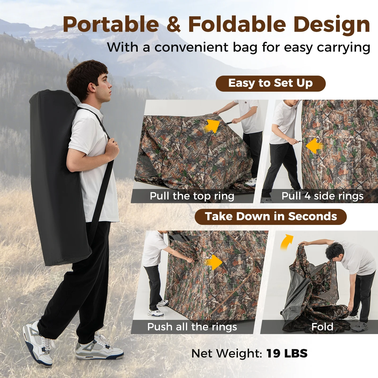 82 Inch Tall Hunting Blind, 270° See Through Ground Tent, Camouflage - Image 8