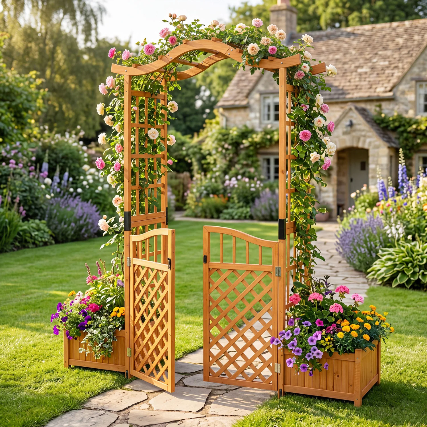 83" Garden Arbor With Gate And 2 Planter Boxes, Yellow - Image 2