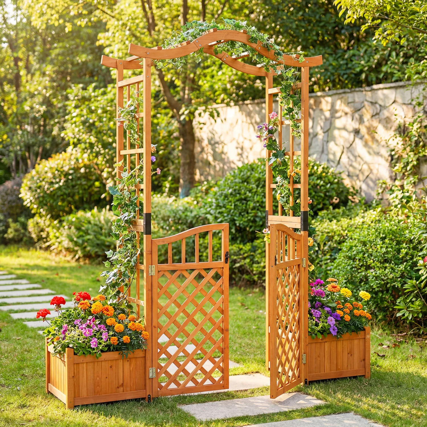 83" Garden Arbor With Gate And 2 Planter Boxes, Yellow - Image 6