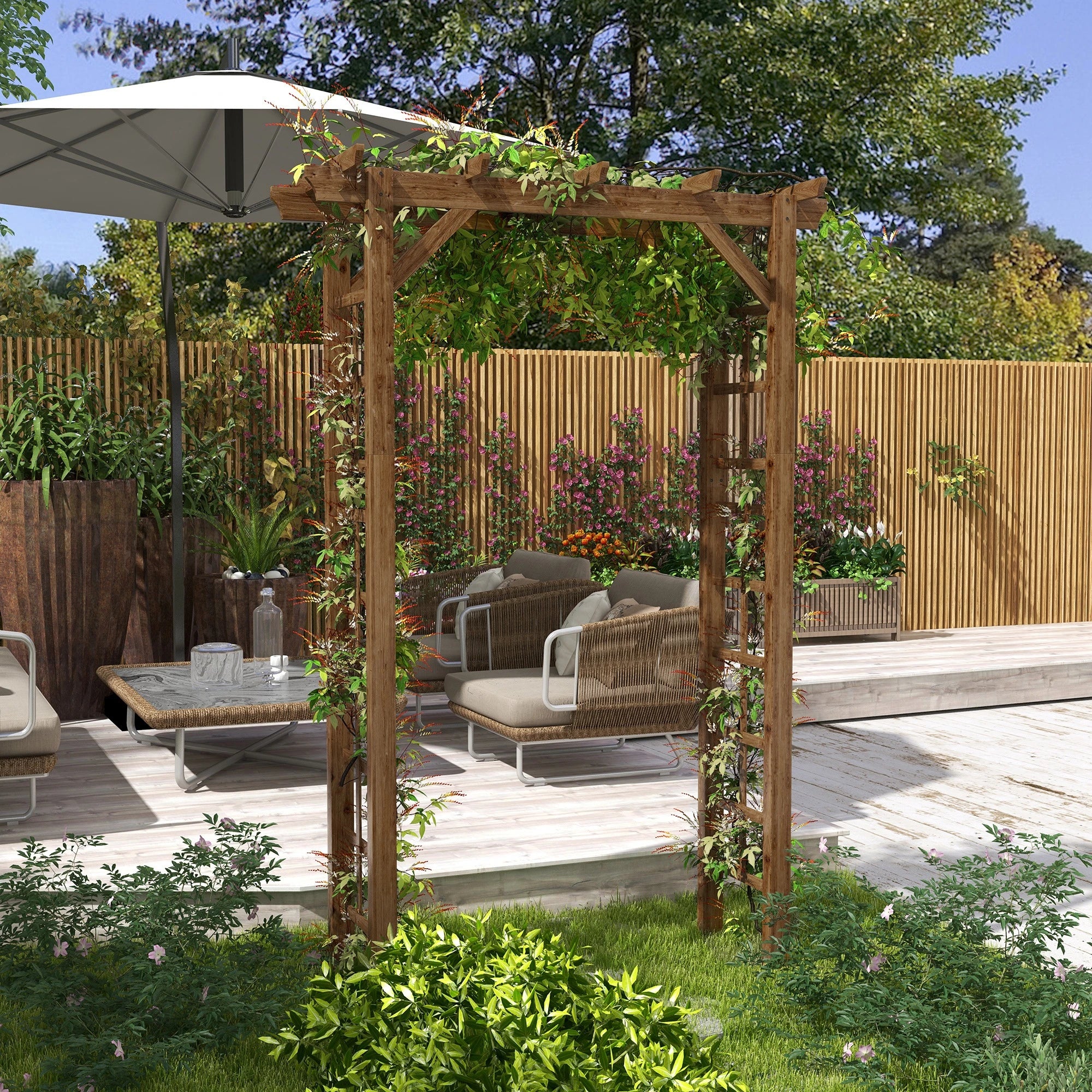 85" Wooden Garden Arbour, Arch Trellis for Climbing Vines, Carbonized - Image 2