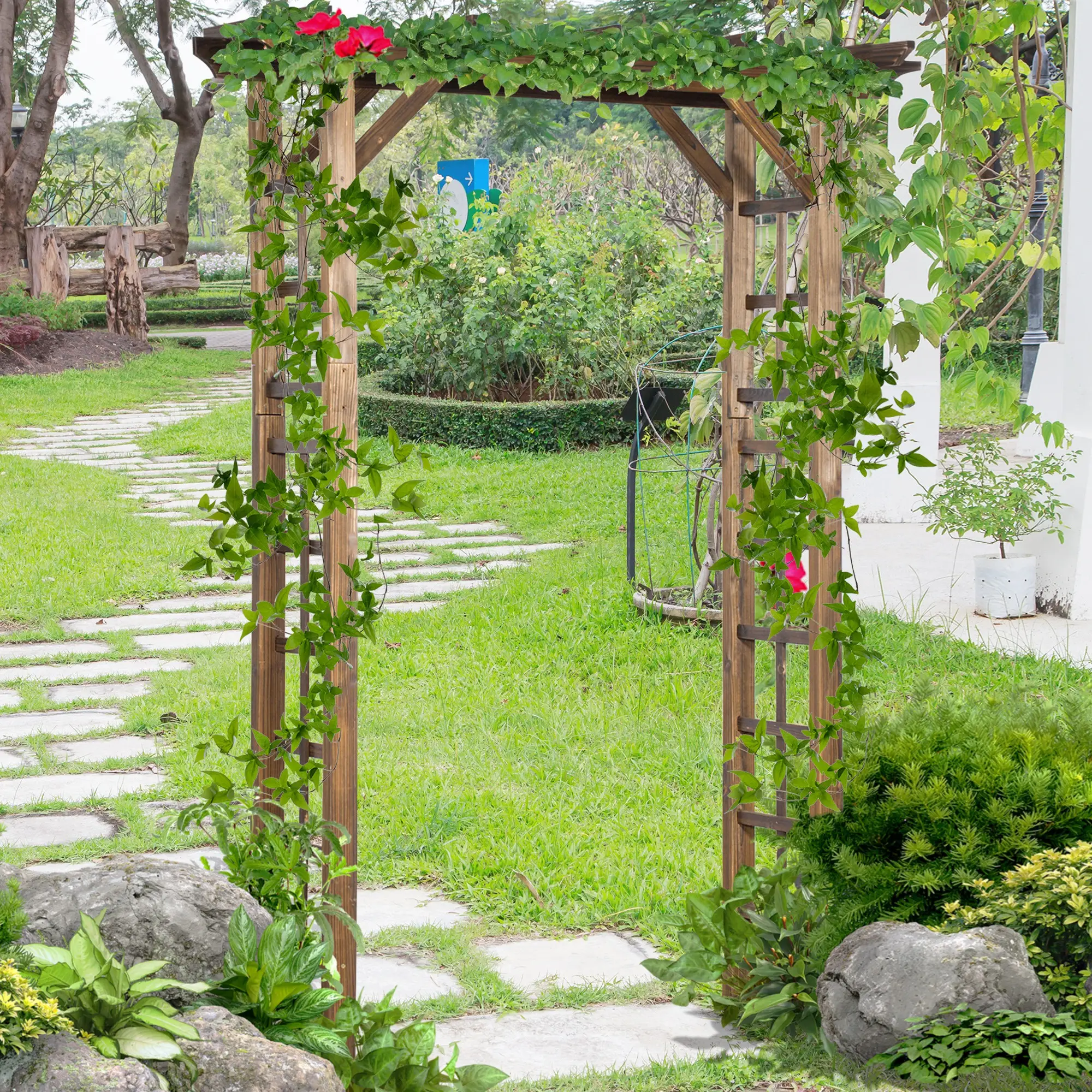 85" Wooden Garden Arbour, Arch Trellis for Climbing Vines, Carbonized - Image 8