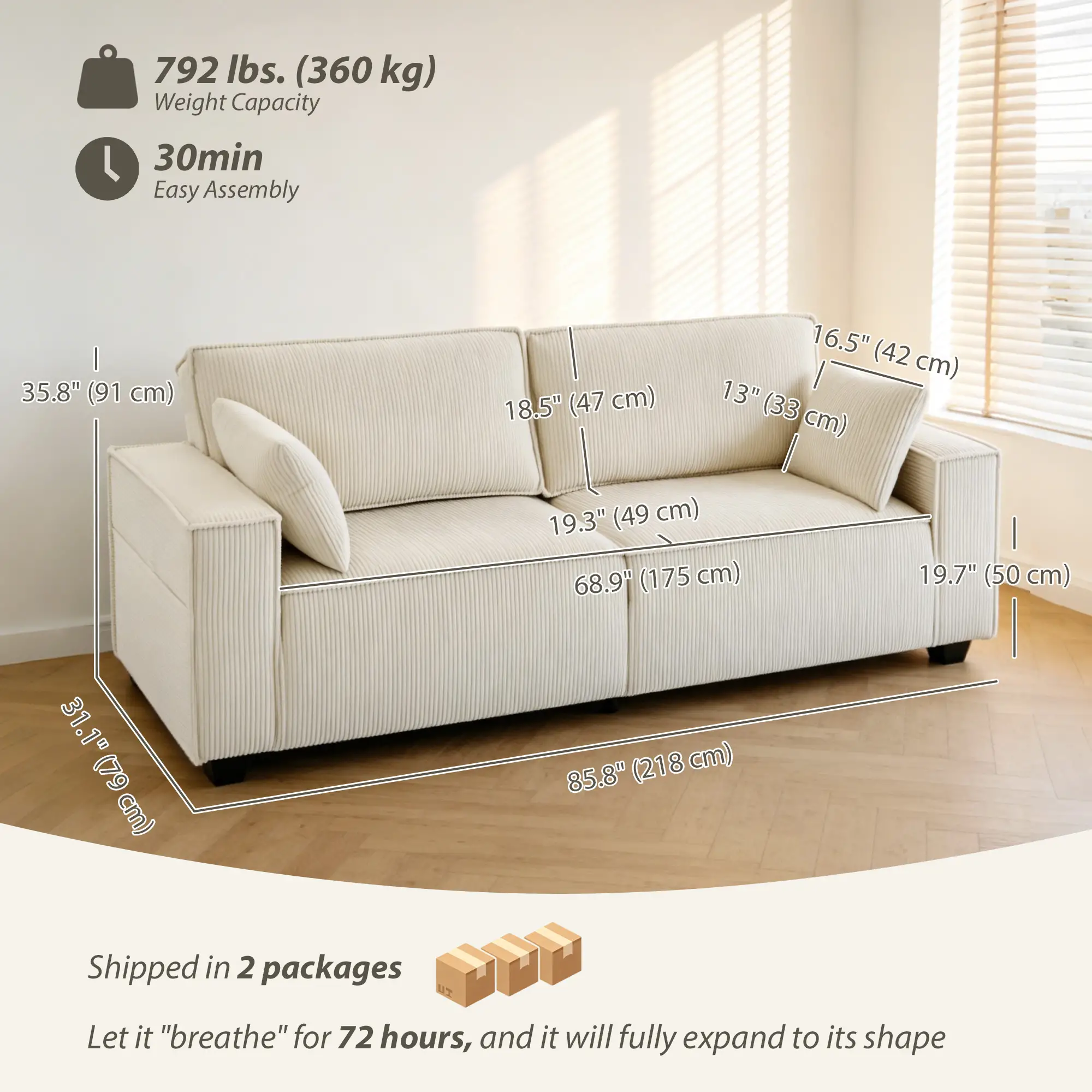 86" 3 Seater Sofa, Modern Corduroy Upholstered Couch, Beige - Image 3