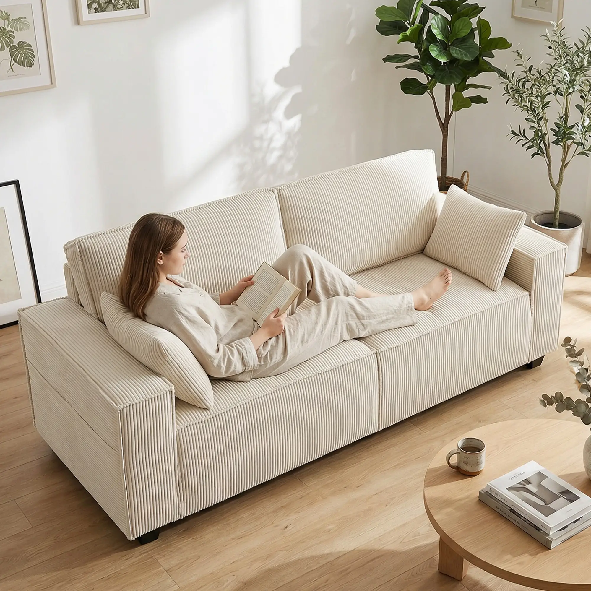 86" 3 Seater Sofa, Modern Corduroy Upholstered Couch, Beige - Image 7