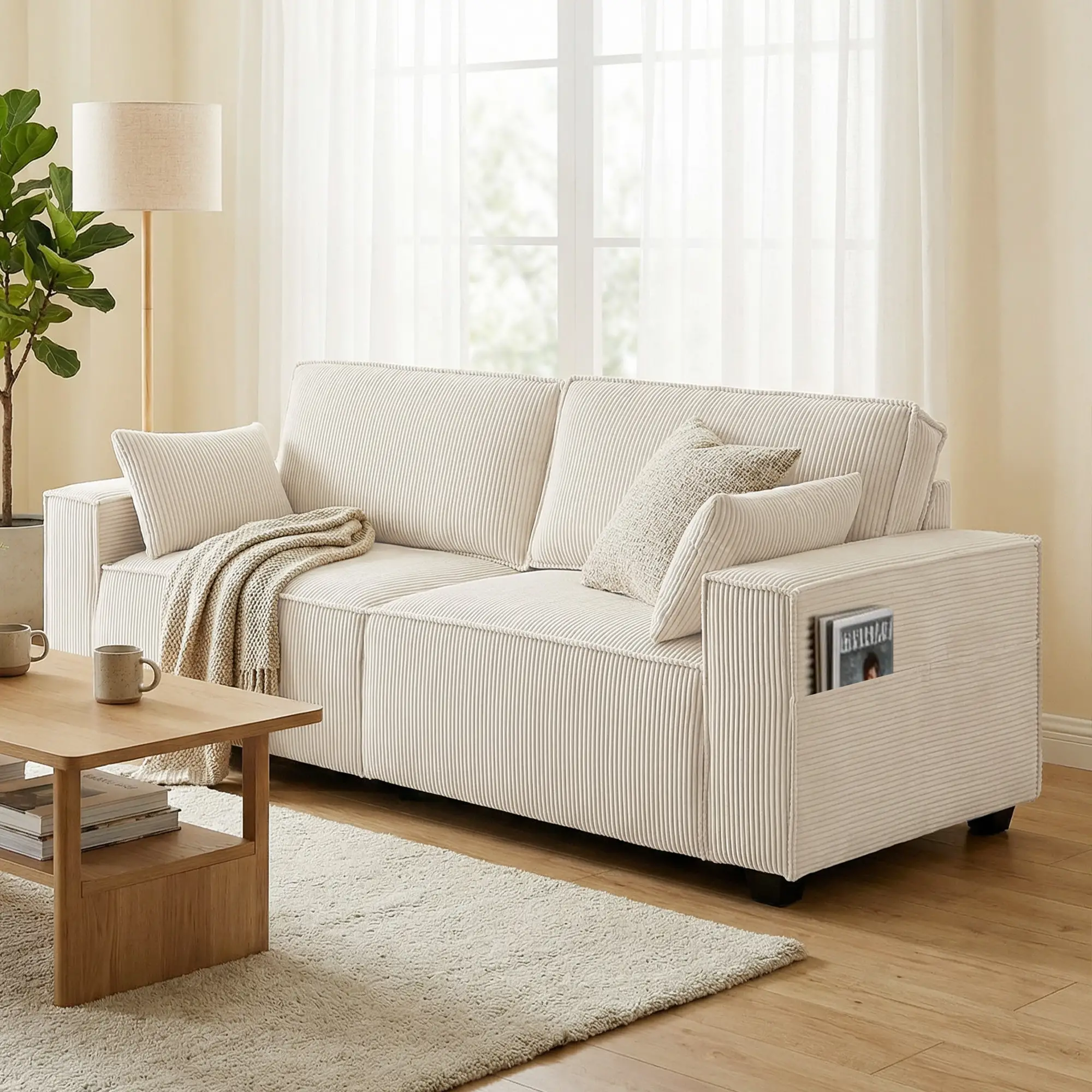 86" 3 Seater Sofa, Modern Corduroy Upholstered Couch, Beige - Image 8