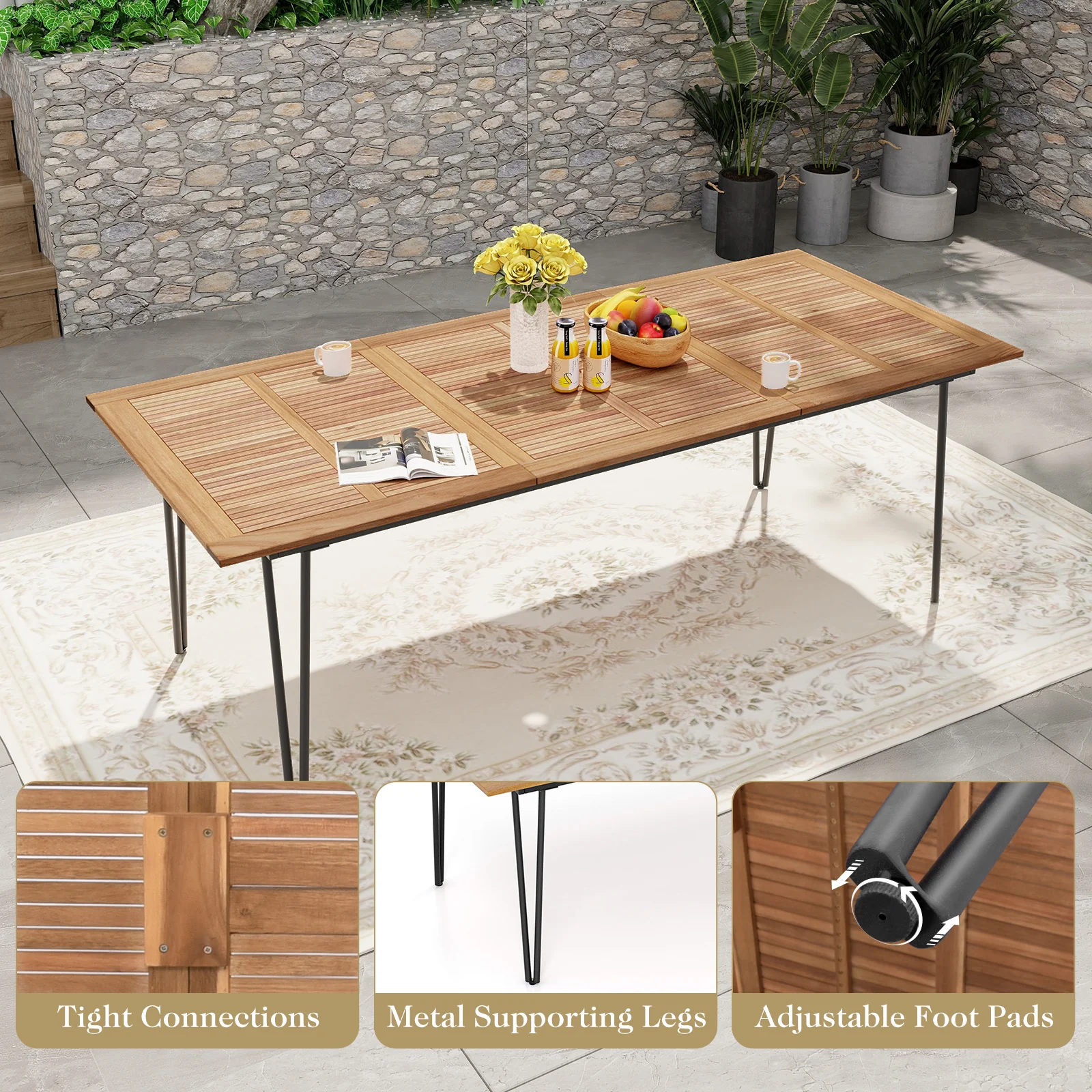 86.5 Inch Rectangular Patio Dining Table For 8, Acacia Wood Tabletop, Umbrella Hole, Natural, Black - Image 10