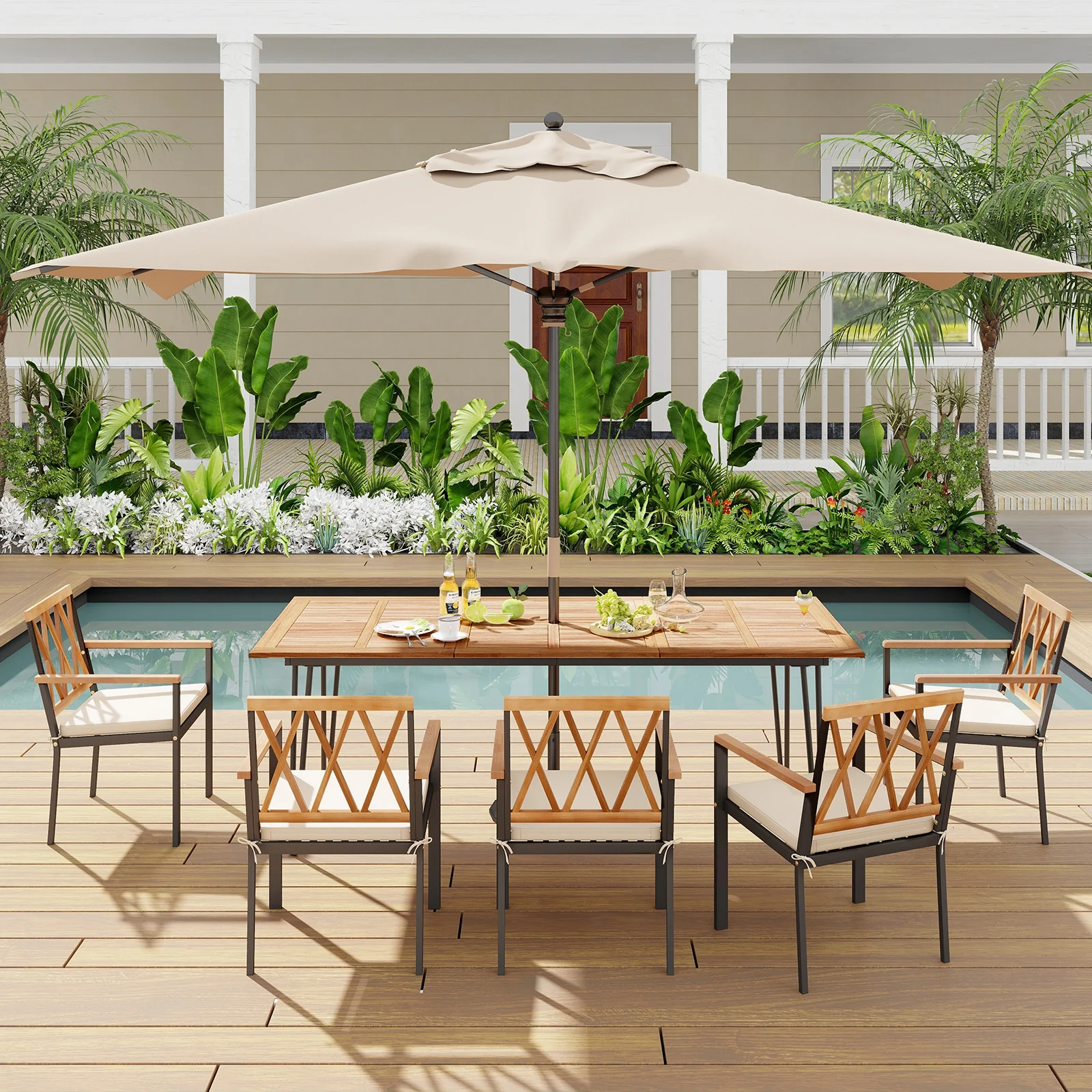 86.5 Inch Rectangular Patio Dining Table For 8, Acacia Wood Tabletop, Umbrella Hole, Natural, Black - Image 2