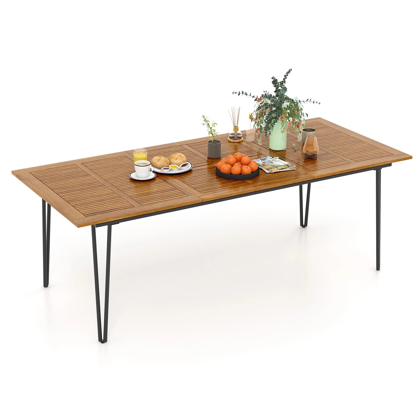 86.5 Inch Rectangular Patio Dining Table For 8, Acacia Wood Tabletop, Umbrella Hole, Natural, Black - Image 5