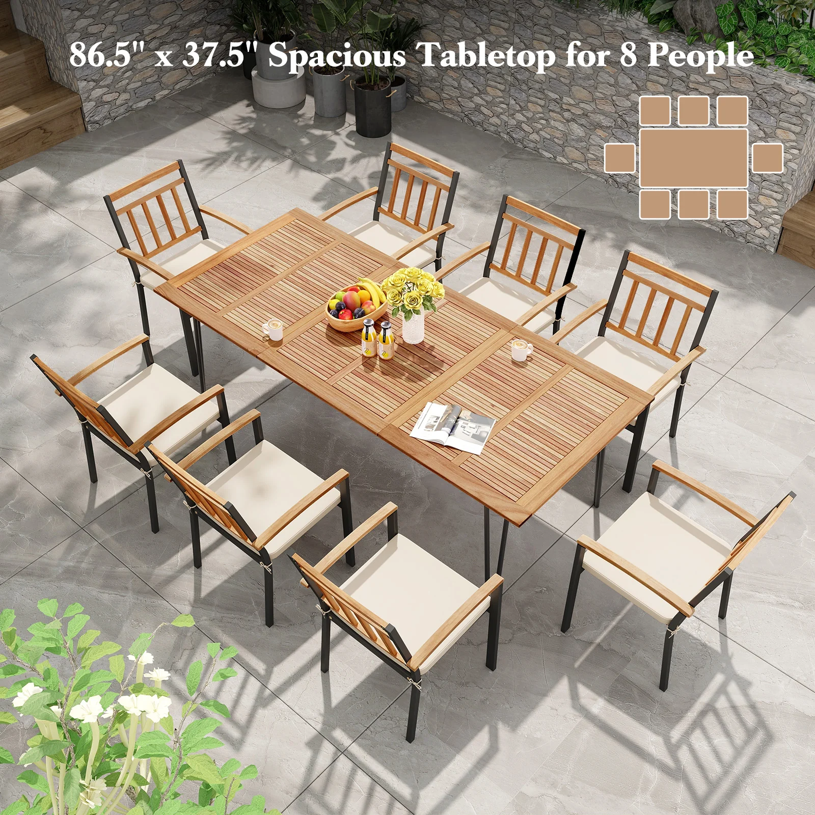 86.5 Inch Rectangular Patio Dining Table For 8, Acacia Wood Tabletop, Umbrella Hole, Natural, Black - Image 7