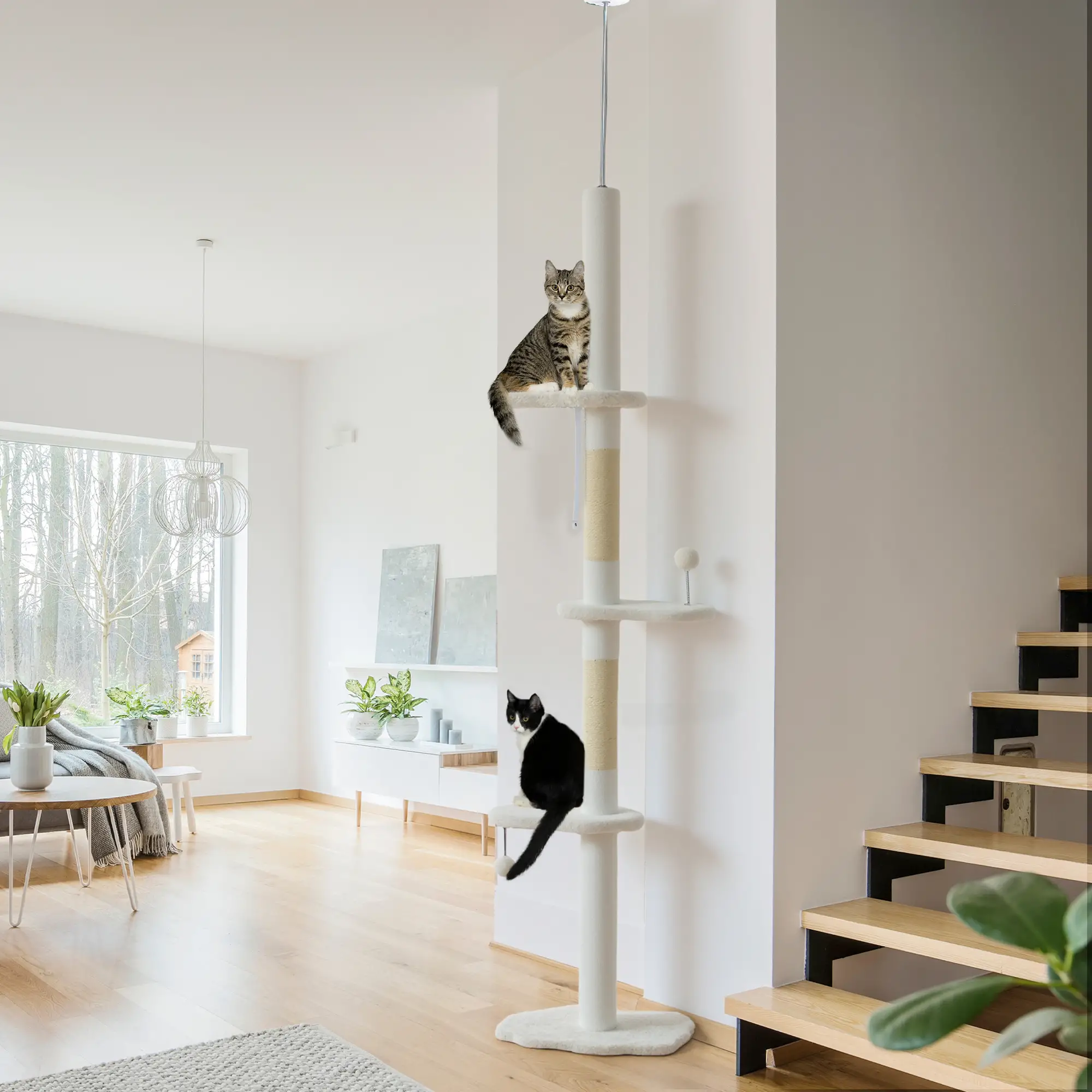 88.5"-100.5" Floor to Ceiling Cat Tree, Scratching Posts, Cloud Platforms, Cream - Image 2