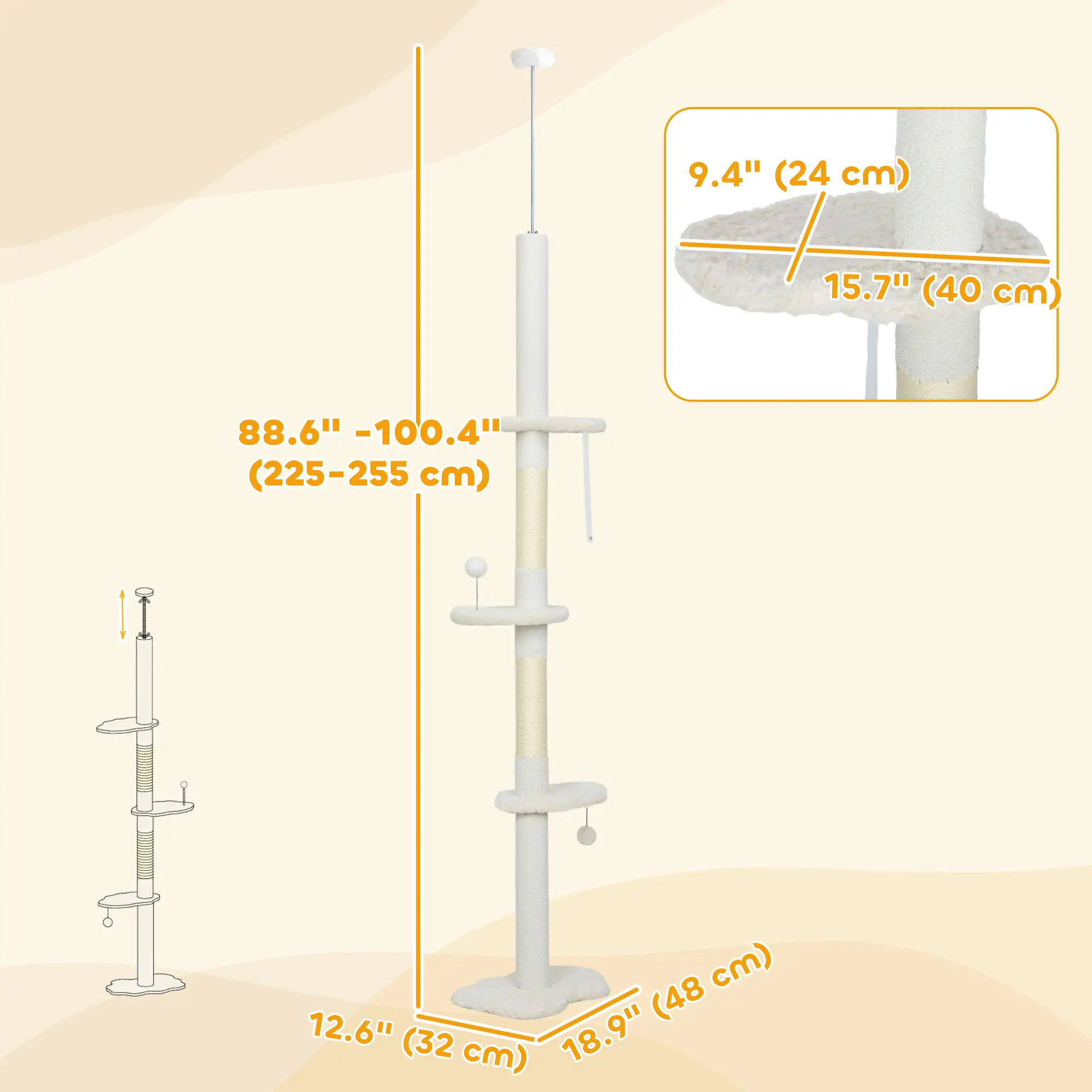 88.5"-100.5" Floor to Ceiling Cat Tree, Scratching Posts, Cloud Platforms, Cream - Image 3