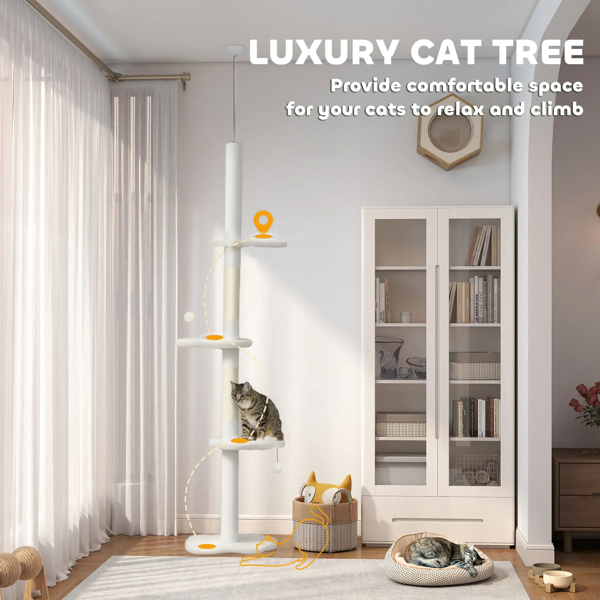 88.5"-100.5" Floor to Ceiling Cat Tree, Scratching Posts, Cloud Platforms, Cream - Image 4