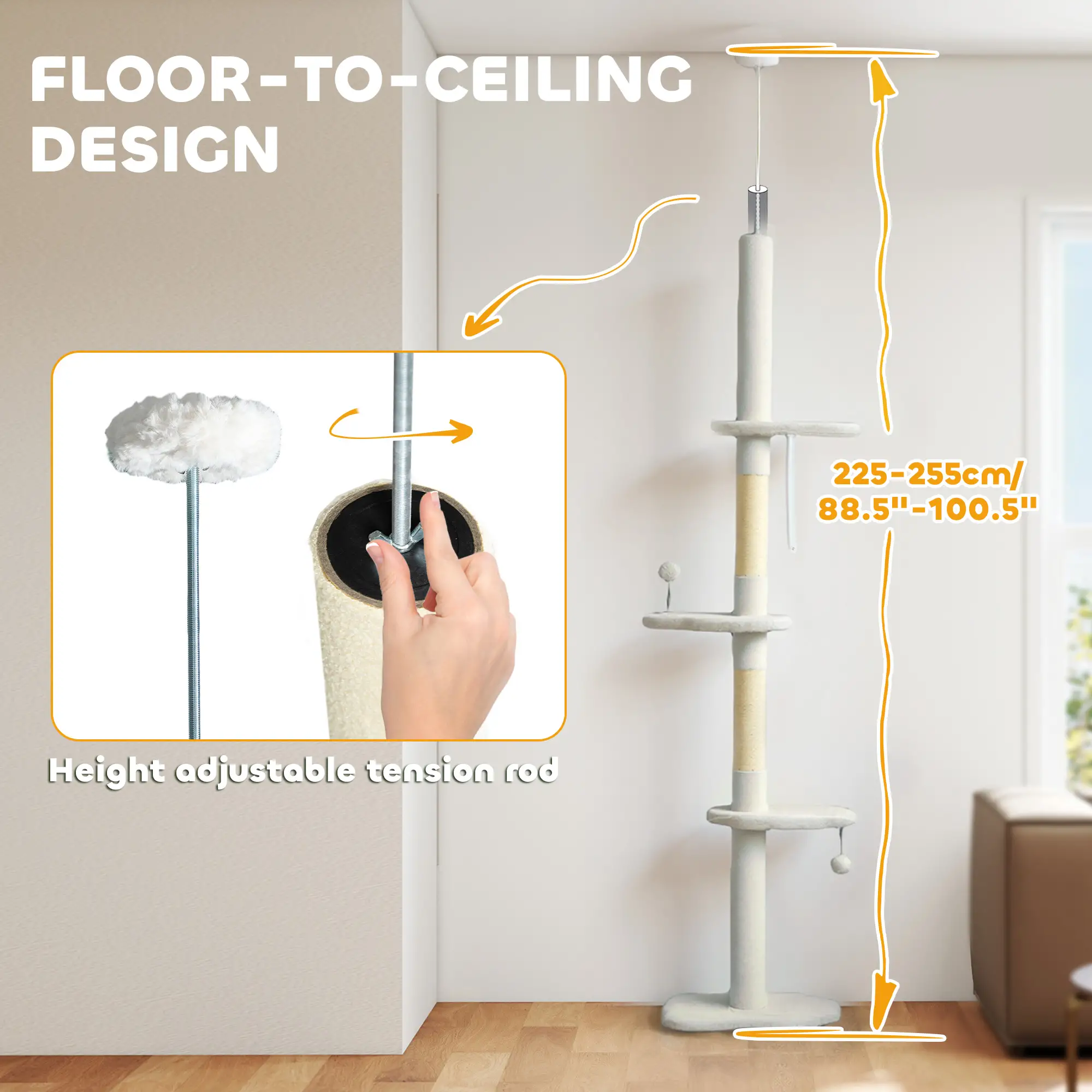 88.5"-100.5" Floor to Ceiling Cat Tree, Scratching Posts, Cloud Platforms, Cream - Image 5
