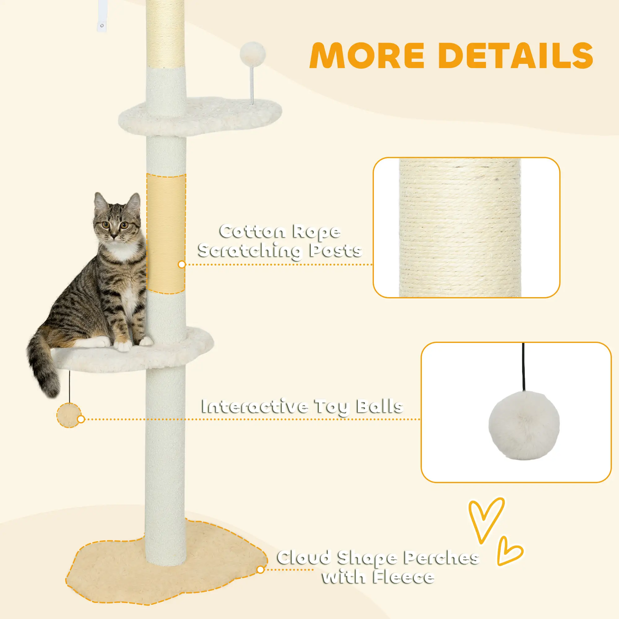 88.5"-100.5" Floor to Ceiling Cat Tree, Scratching Posts, Cloud Platforms, Cream - Image 6