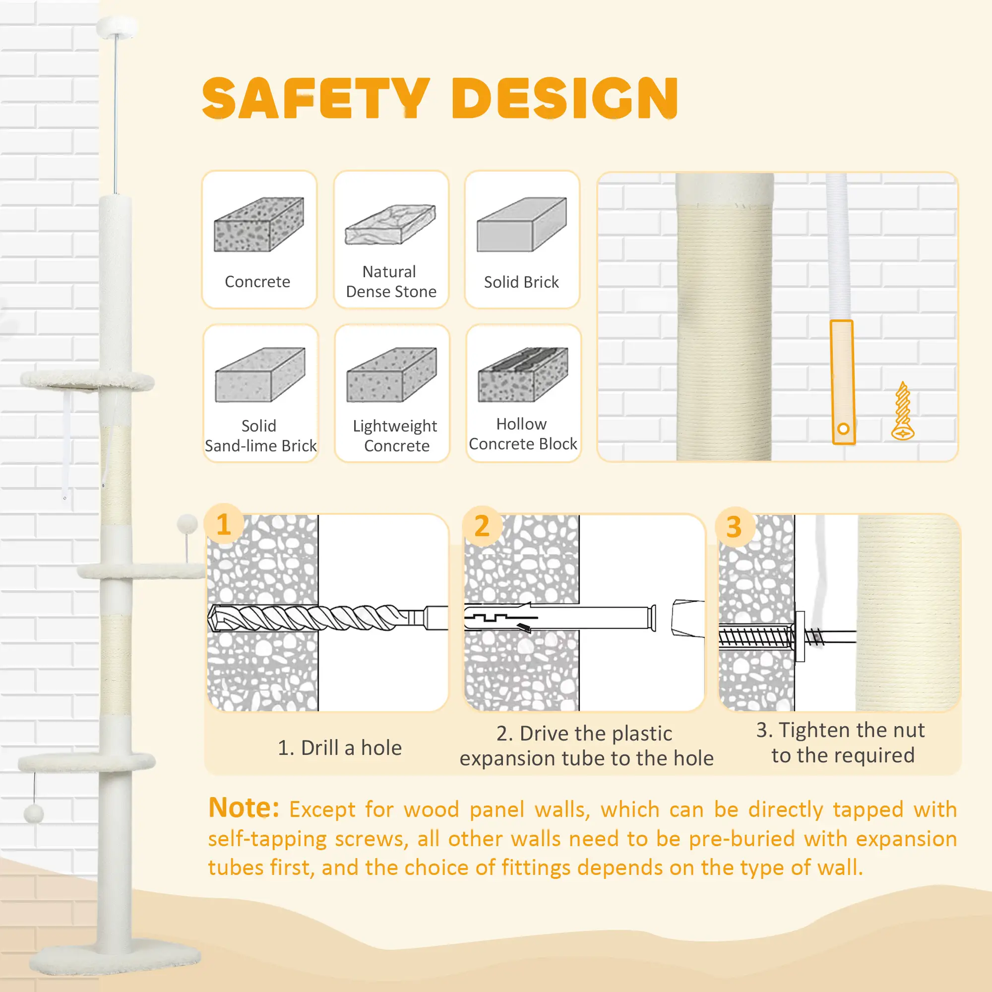 88.5"-100.5" Floor to Ceiling Cat Tree, Scratching Posts, Cloud Platforms, Cream - Image 7