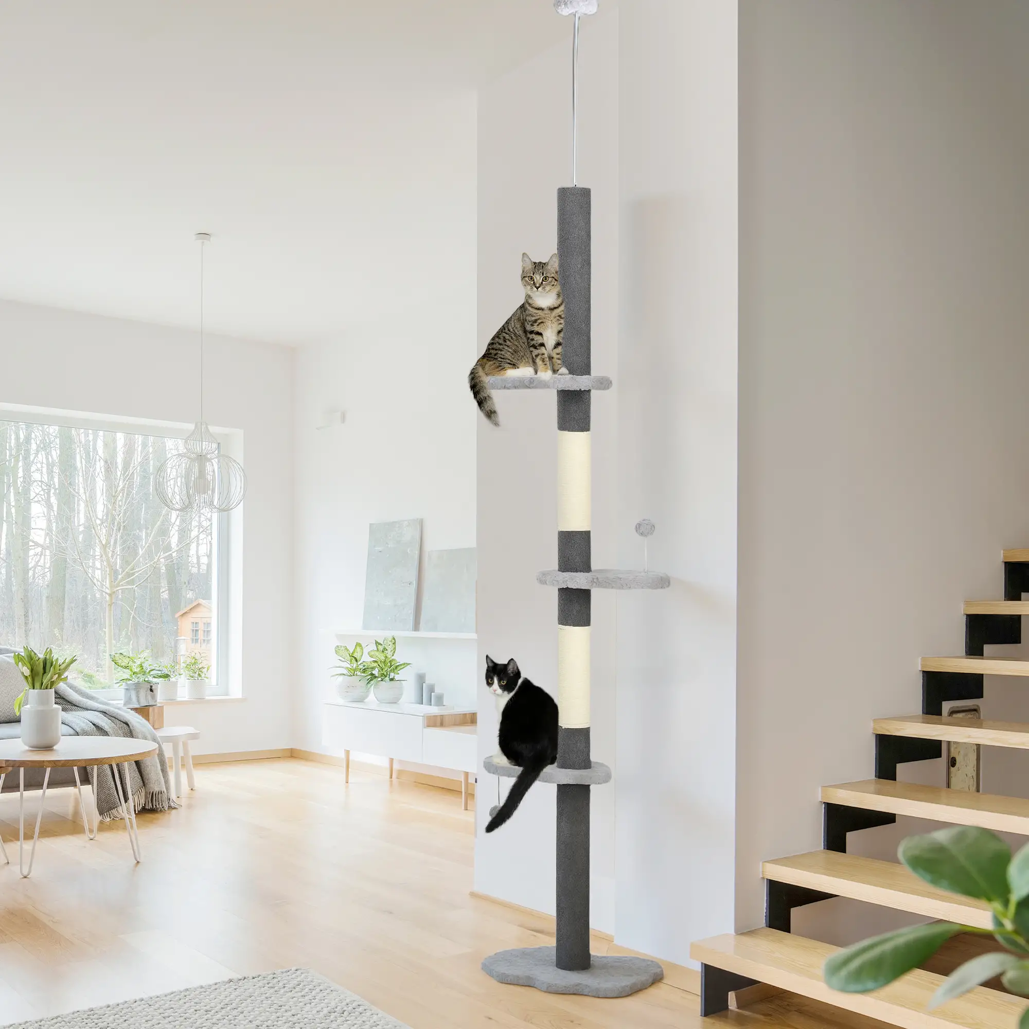 88.5"-100.5" Floor to Ceiling Cat Tree, Scratching Posts, Cloud Platforms, Dangling Balls, Grey - Image 2