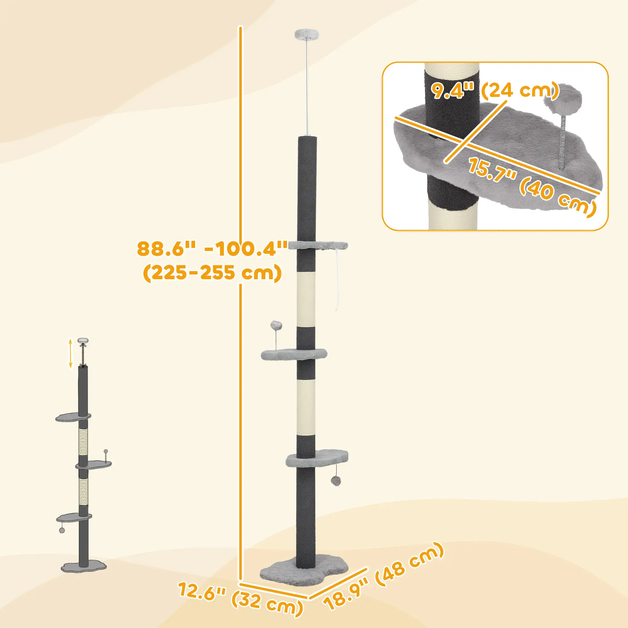88.5"-100.5" Floor to Ceiling Cat Tree, Scratching Posts, Cloud Platforms, Dangling Balls, Grey - Image 3