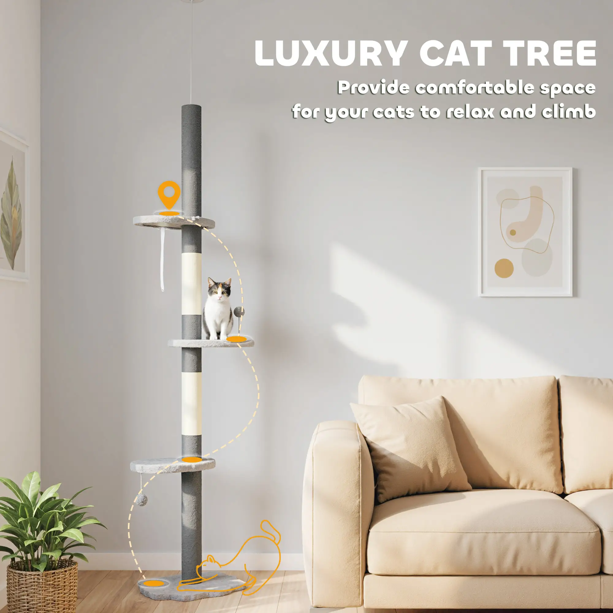 88.5"-100.5" Floor to Ceiling Cat Tree, Scratching Posts, Cloud Platforms, Dangling Balls, Grey - Image 4