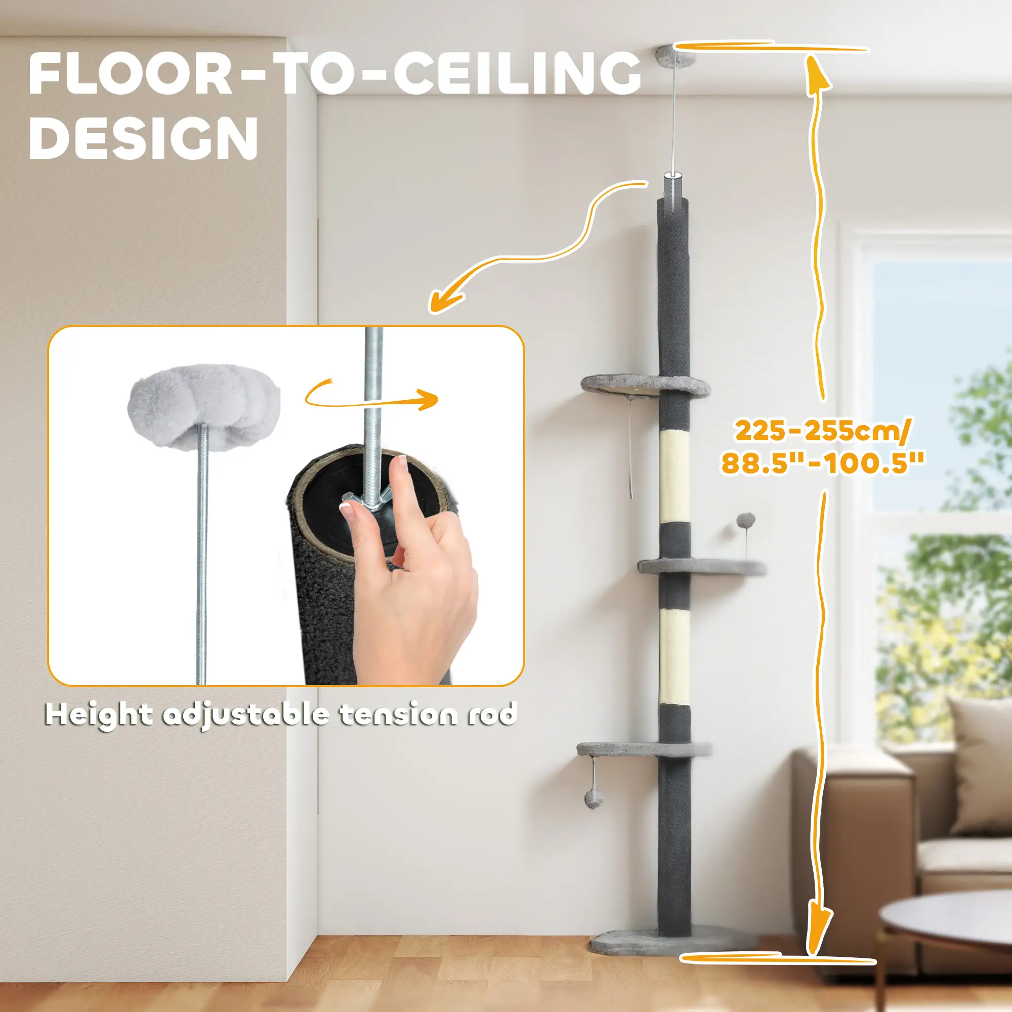 88.5"-100.5" Floor to Ceiling Cat Tree, Scratching Posts, Cloud Platforms, Dangling Balls, Grey - Image 5