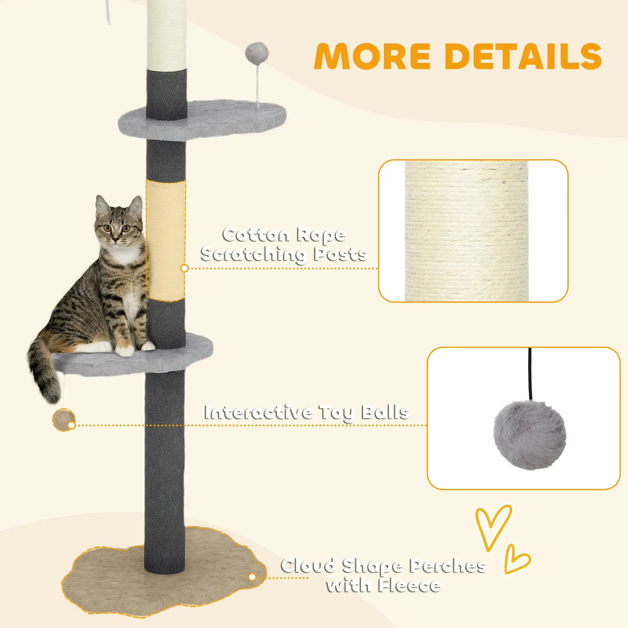 88.5"-100.5" Floor to Ceiling Cat Tree, Scratching Posts, Cloud Platforms, Dangling Balls, Grey - Image 6