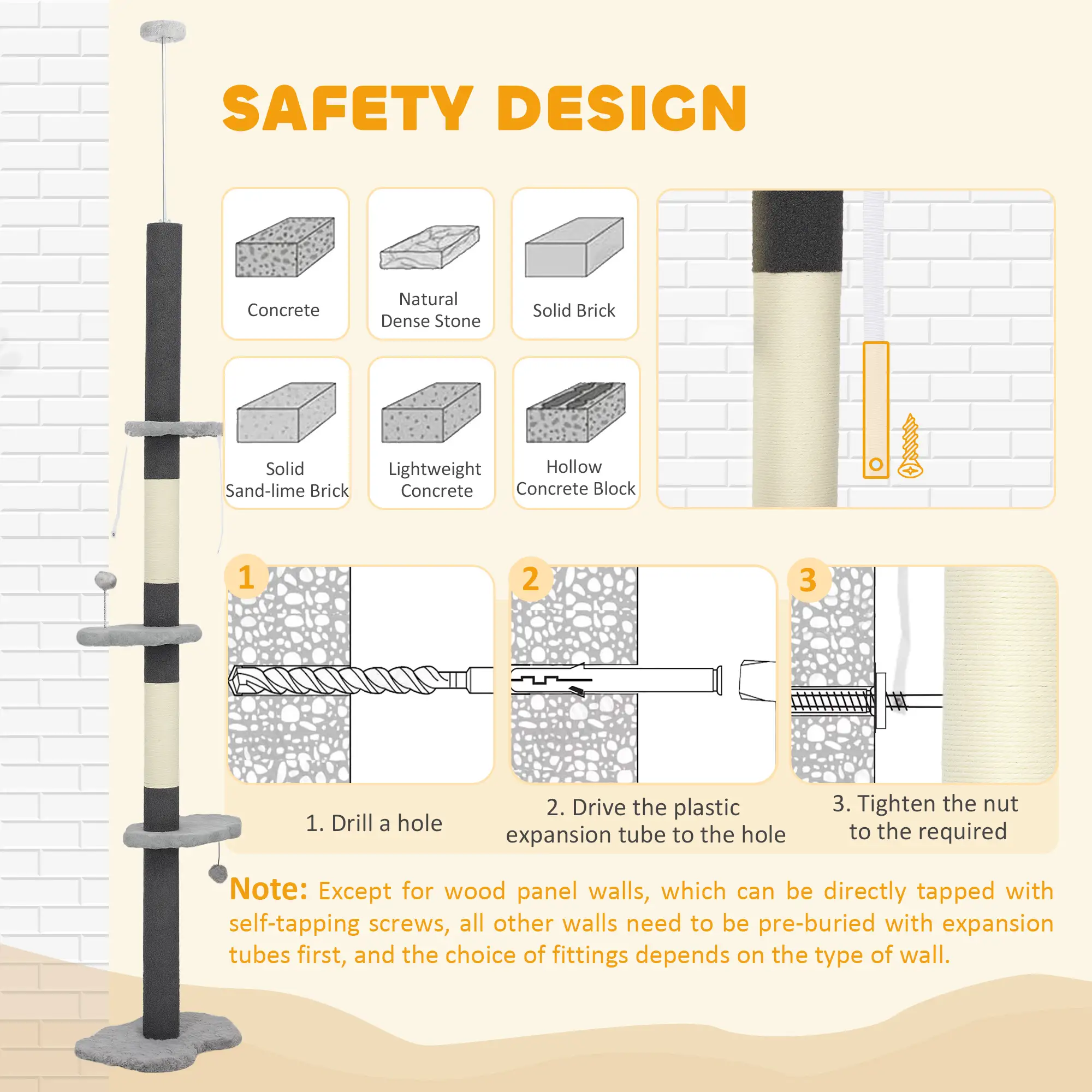 88.5"-100.5" Floor to Ceiling Cat Tree, Scratching Posts, Cloud Platforms, Dangling Balls, Grey - Image 7