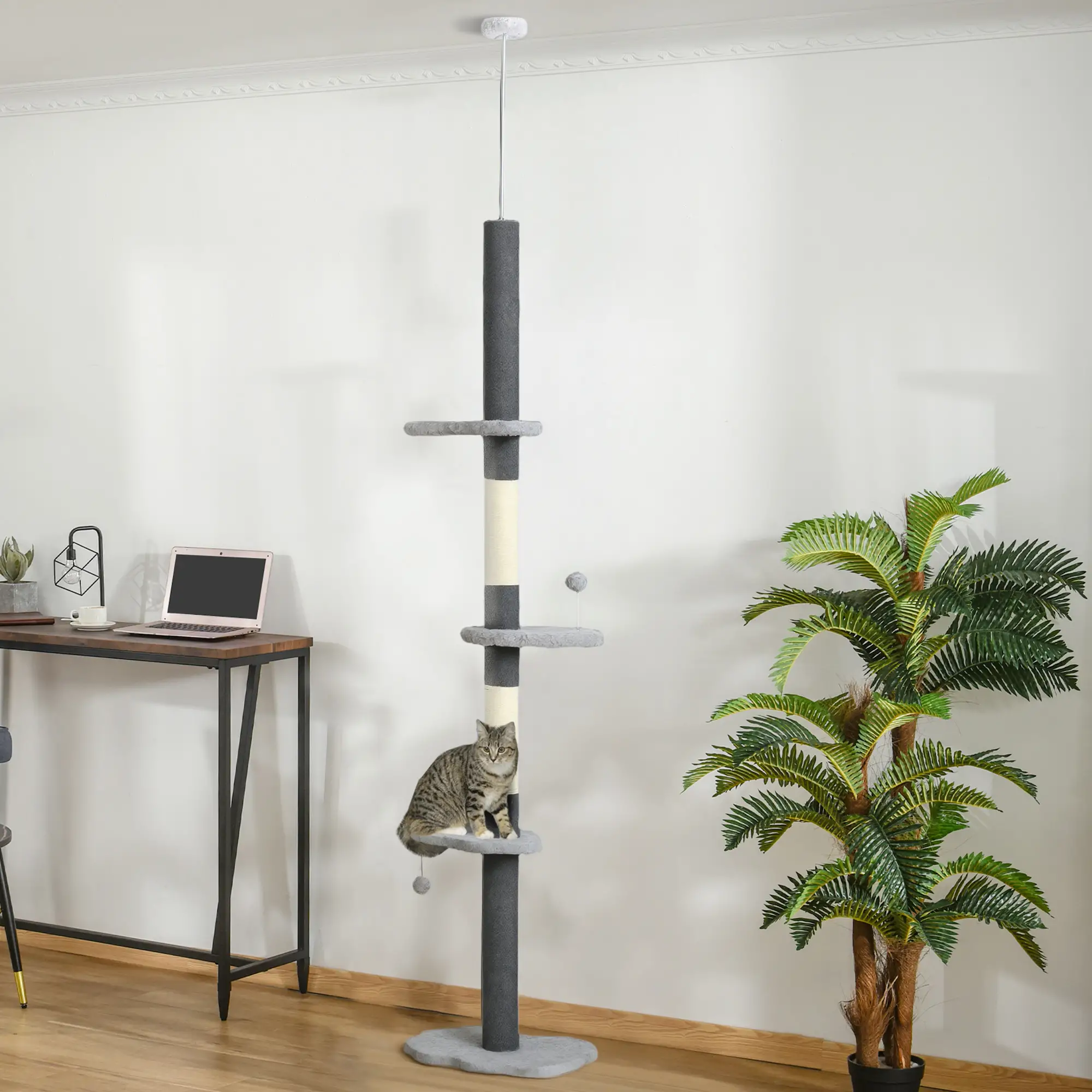 88.5"-100.5" Floor to Ceiling Cat Tree, Scratching Posts, Cloud Platforms, Dangling Balls, Grey - Image 8