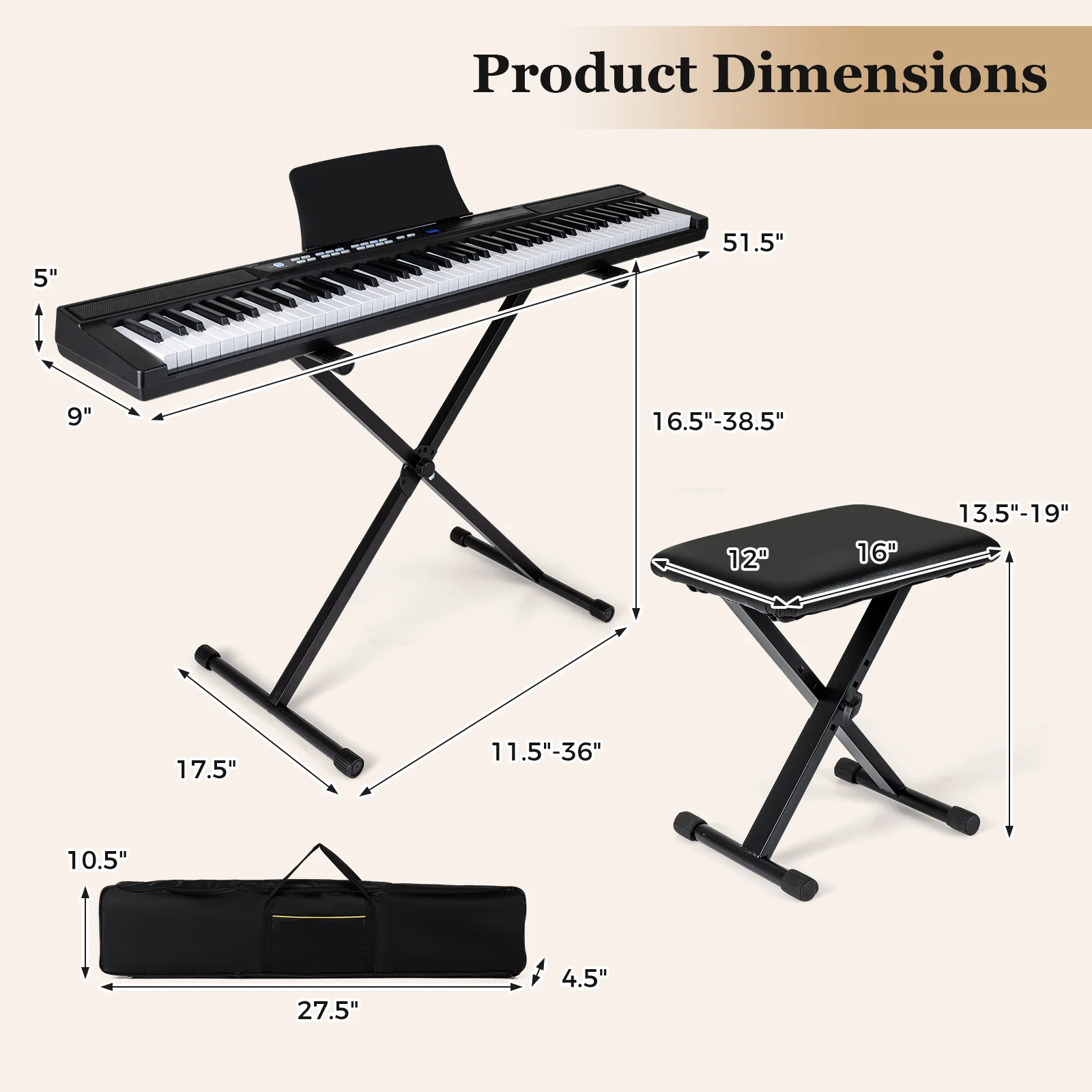 88-Key Electric Piano Keyboard with Adjustable Stand and Portable Bag, Black - Image 4